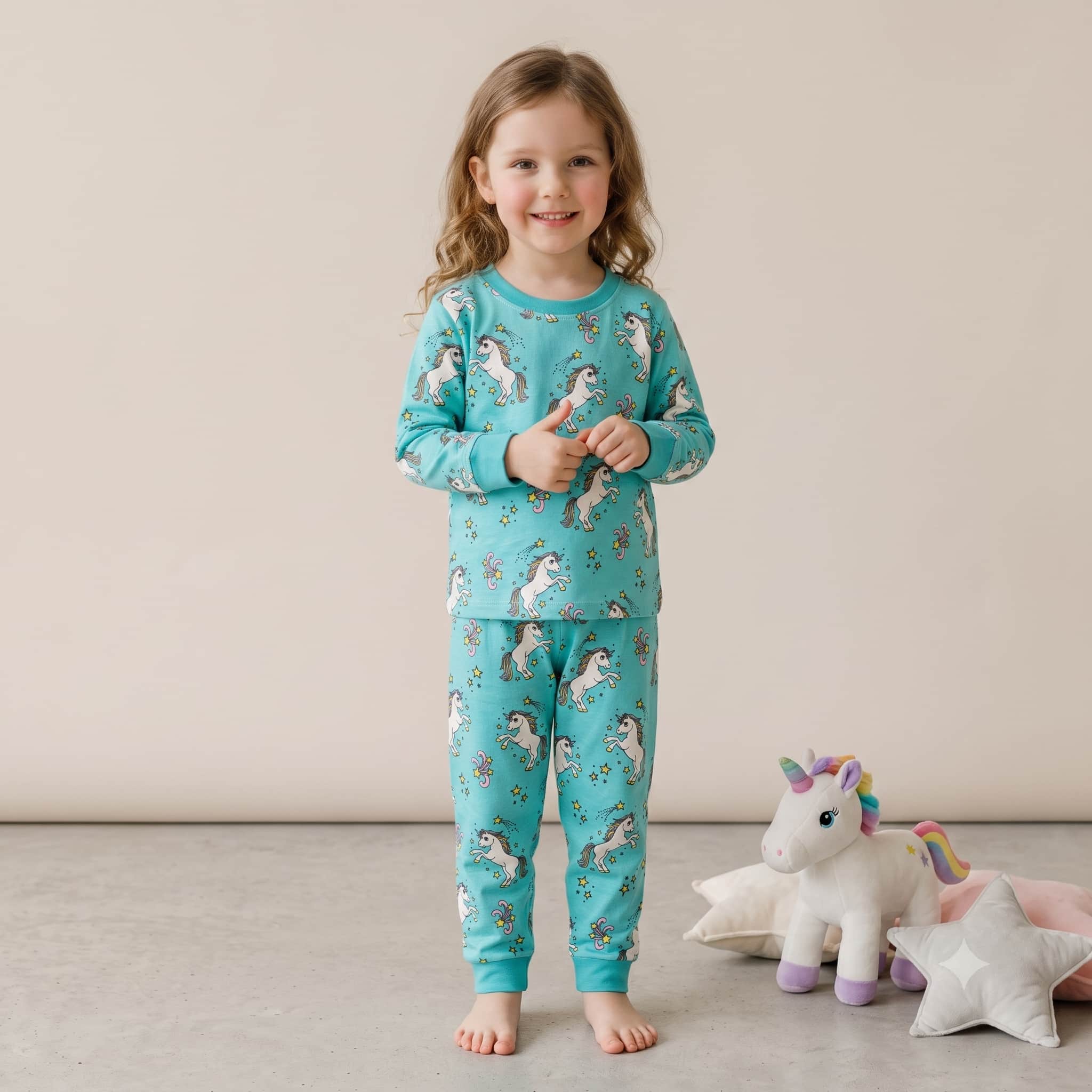 Unicorn Girls Full Sleeves Pajama Set - Teal