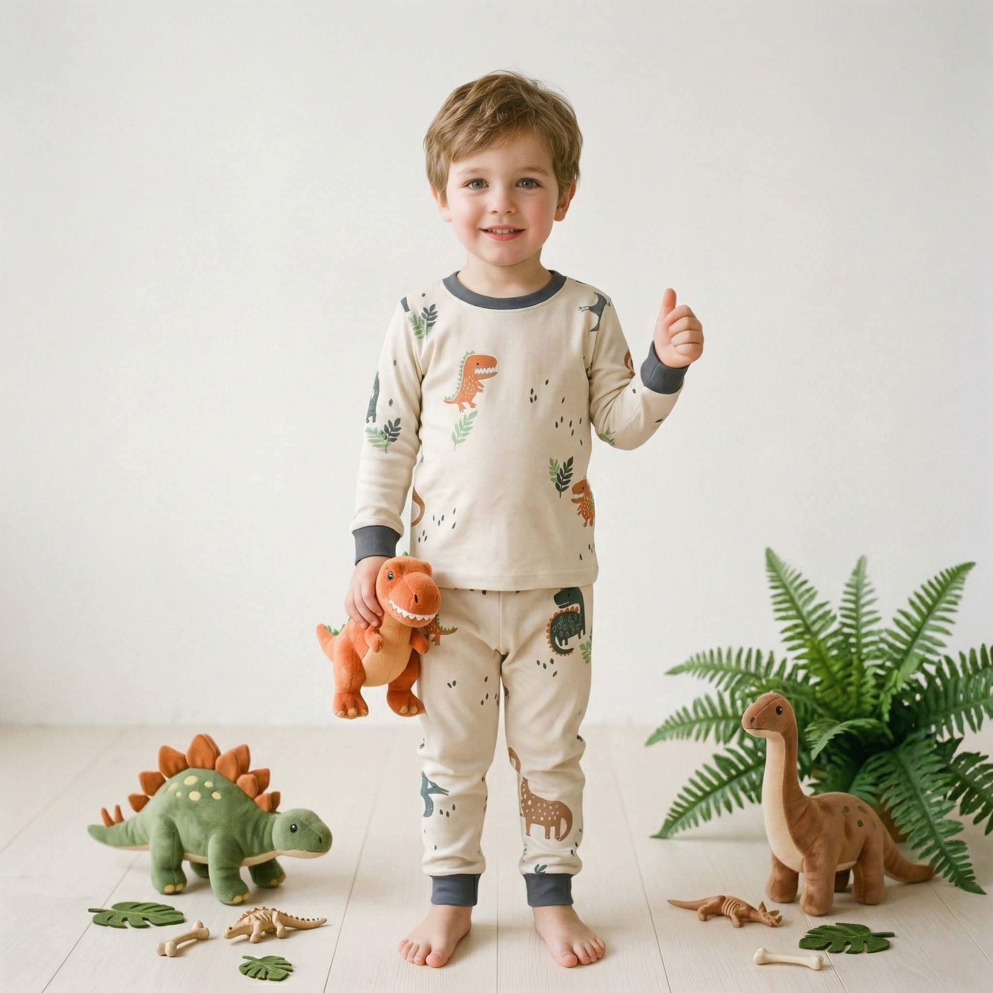 Dino Boys Full Sleeves Pajama Set - Cream