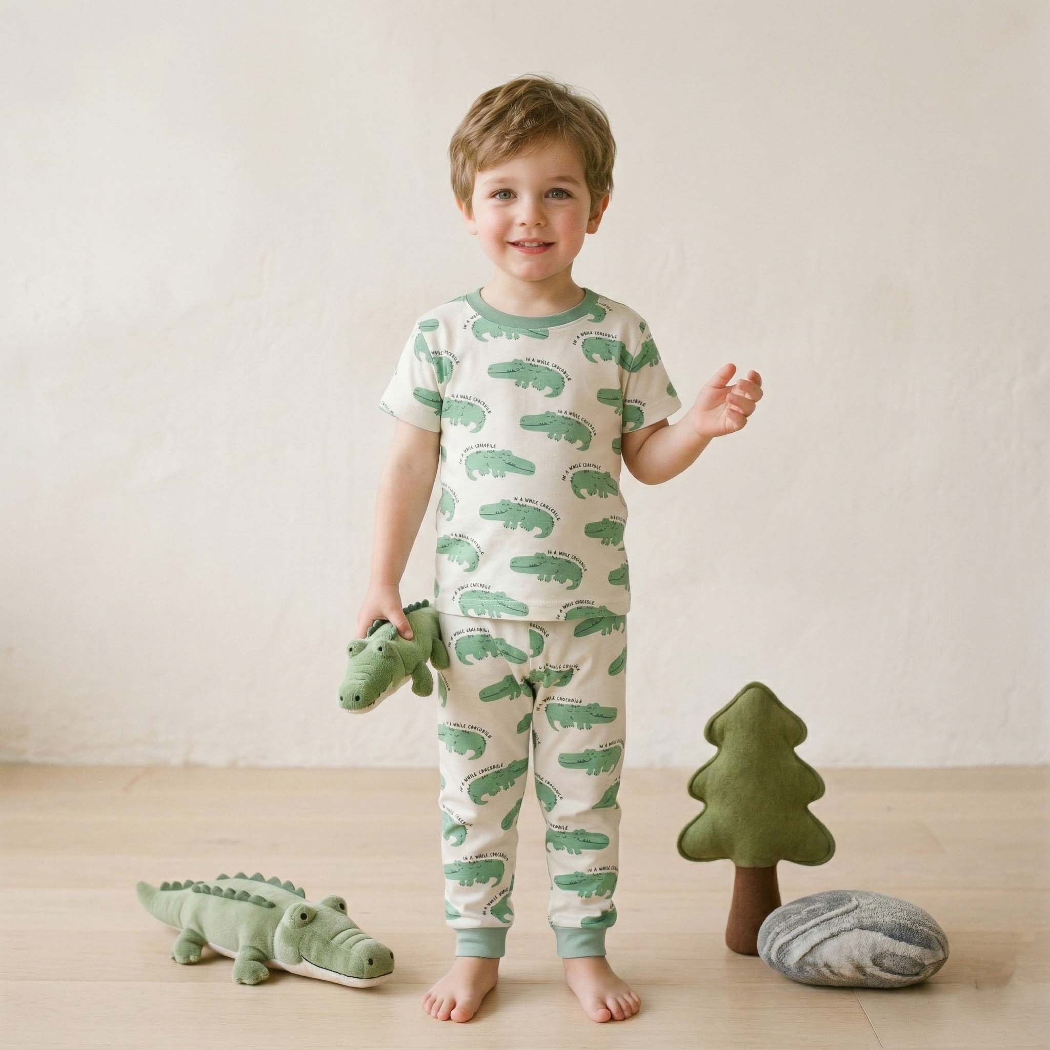 Friendly Croc Boys Pajama Set - White & Green