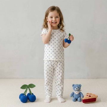 Blue Berry Girls Shorts Sleeves Pajama Set - White & Blue