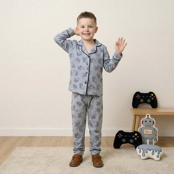 Gamer Geek Boys Button Pajama Set - Grey