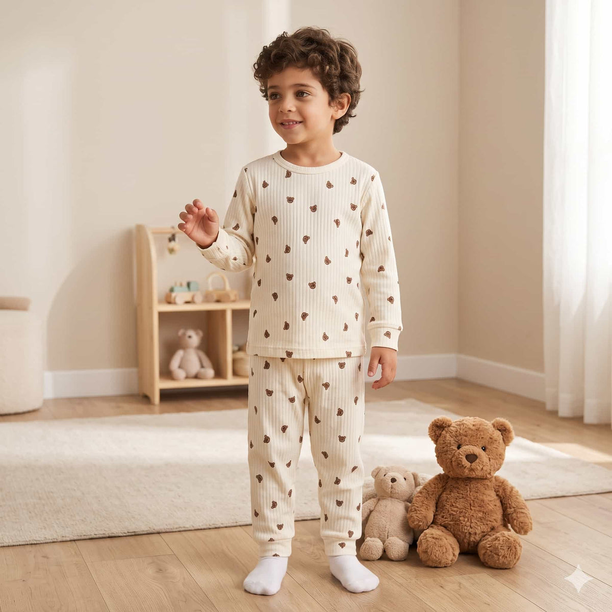 Teddy Cuddles Boys Full Sleeves Pajama Set – Cream White