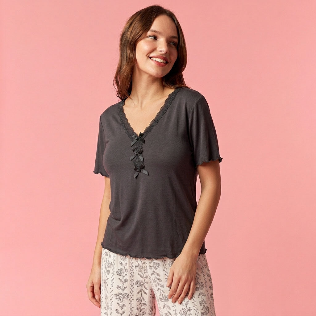 Laced Women Pajama Set - Black & Cream