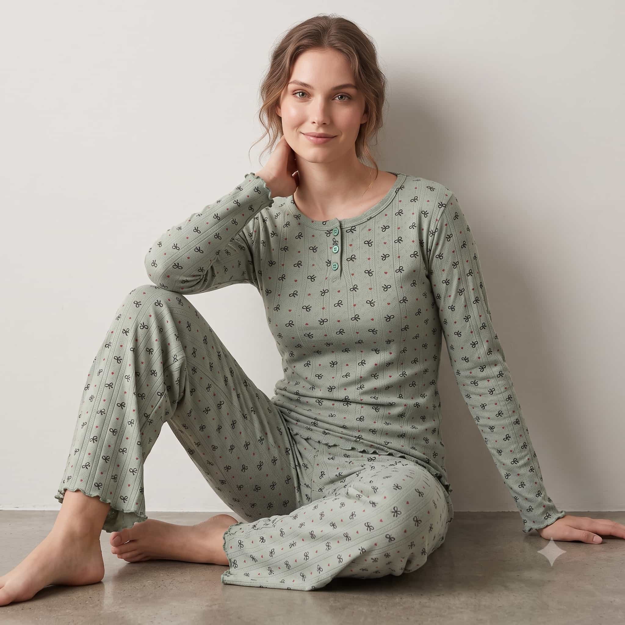 Ribbon Heart Women Full Sleeves Pajama Set - Green
