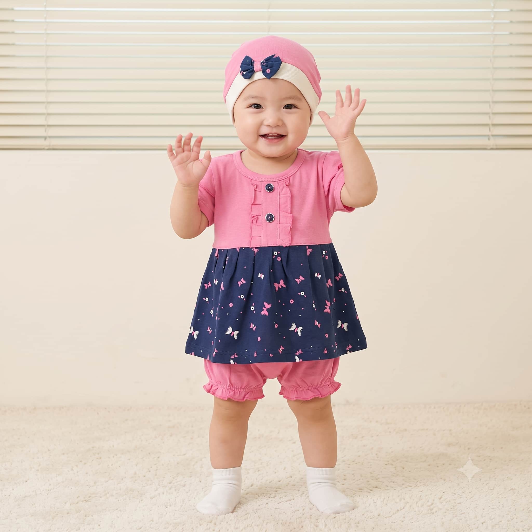Rosy Flutter Baby Girls Frock Set - Pink & Navy Blue