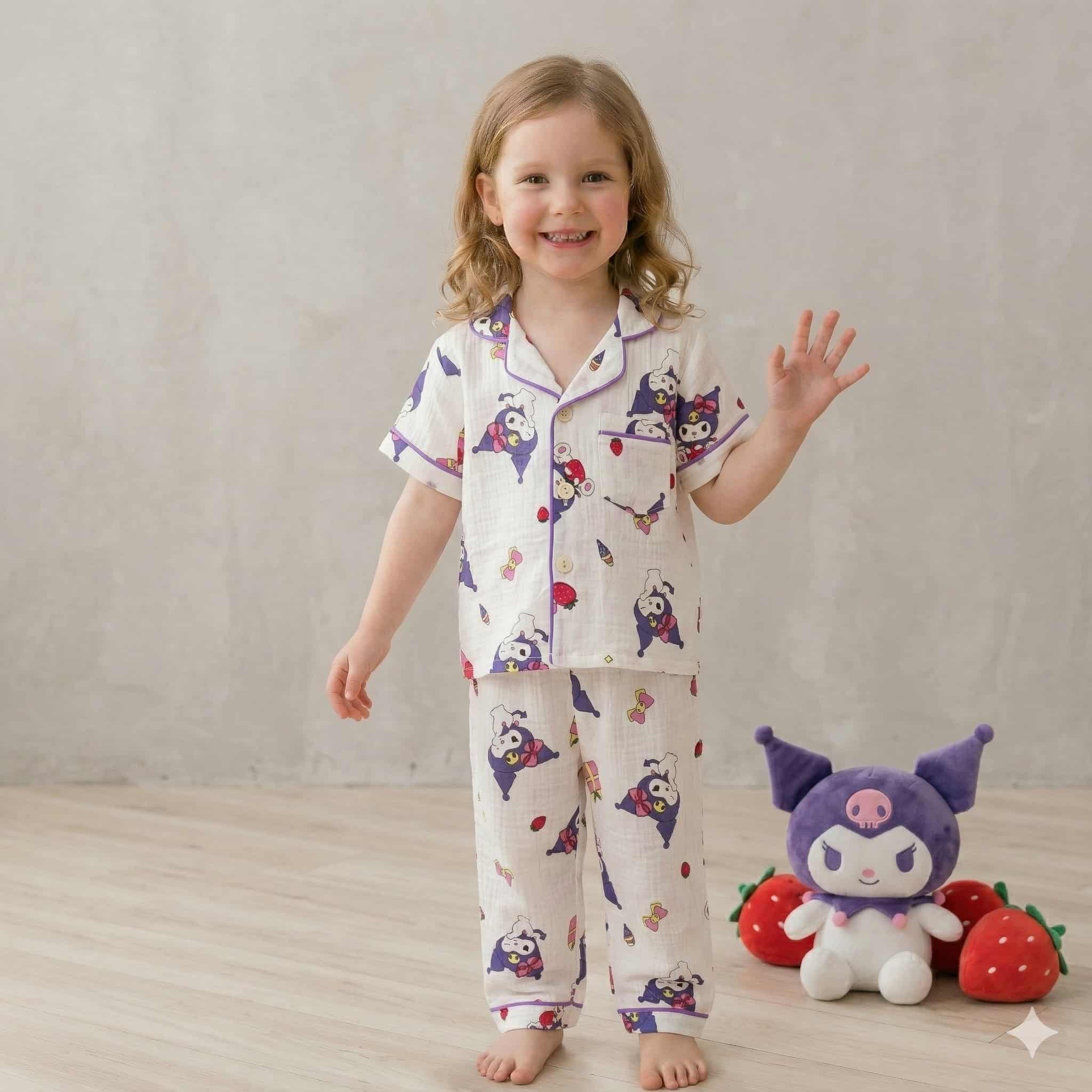 Kuromi Girls Half Sleeves Pajama Set- White