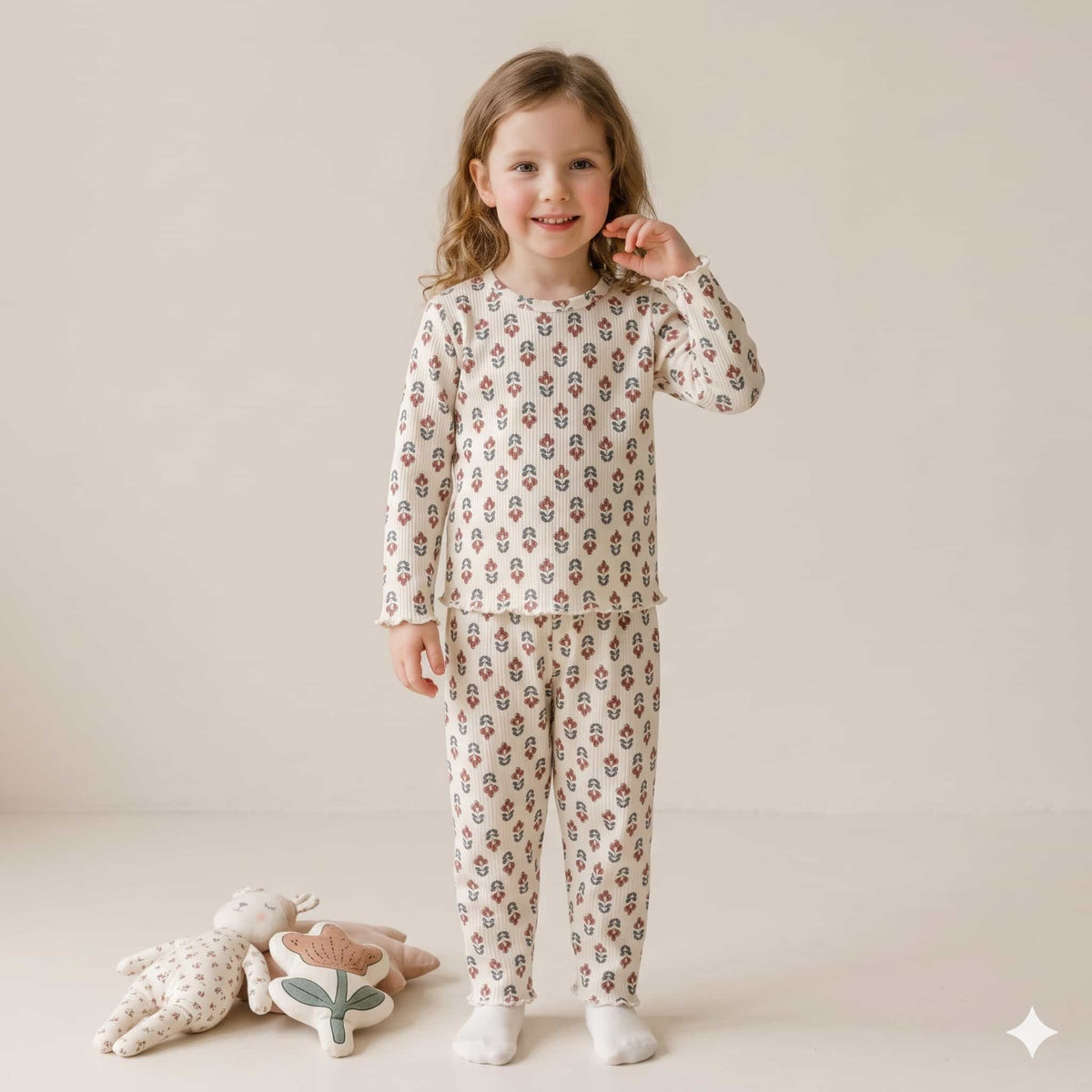 Vintage Petals Girls Full Sleeves Pajama Set – Ivory Cream
