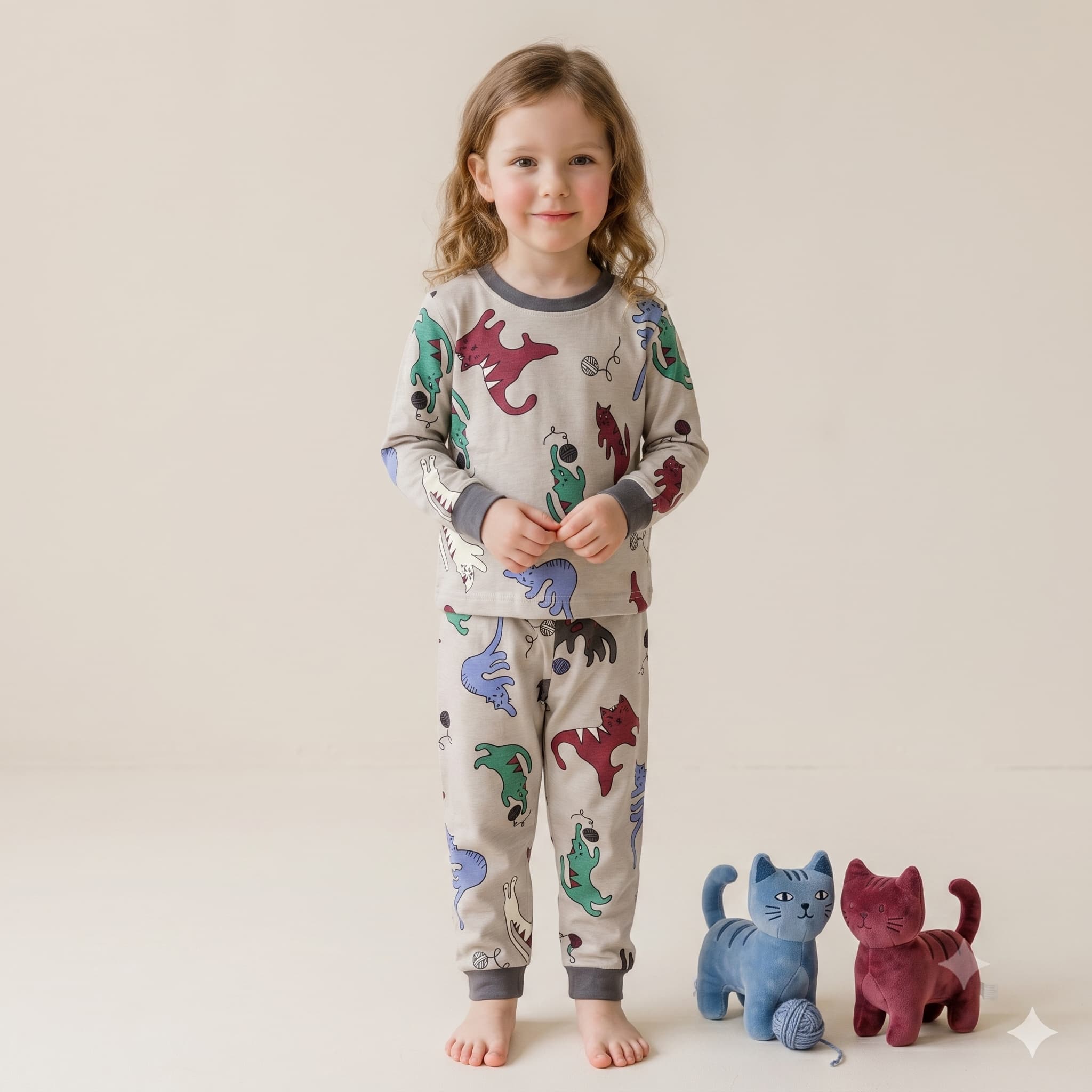 Feline Fun Girls Full Sleeves Pajama Set - Grey
