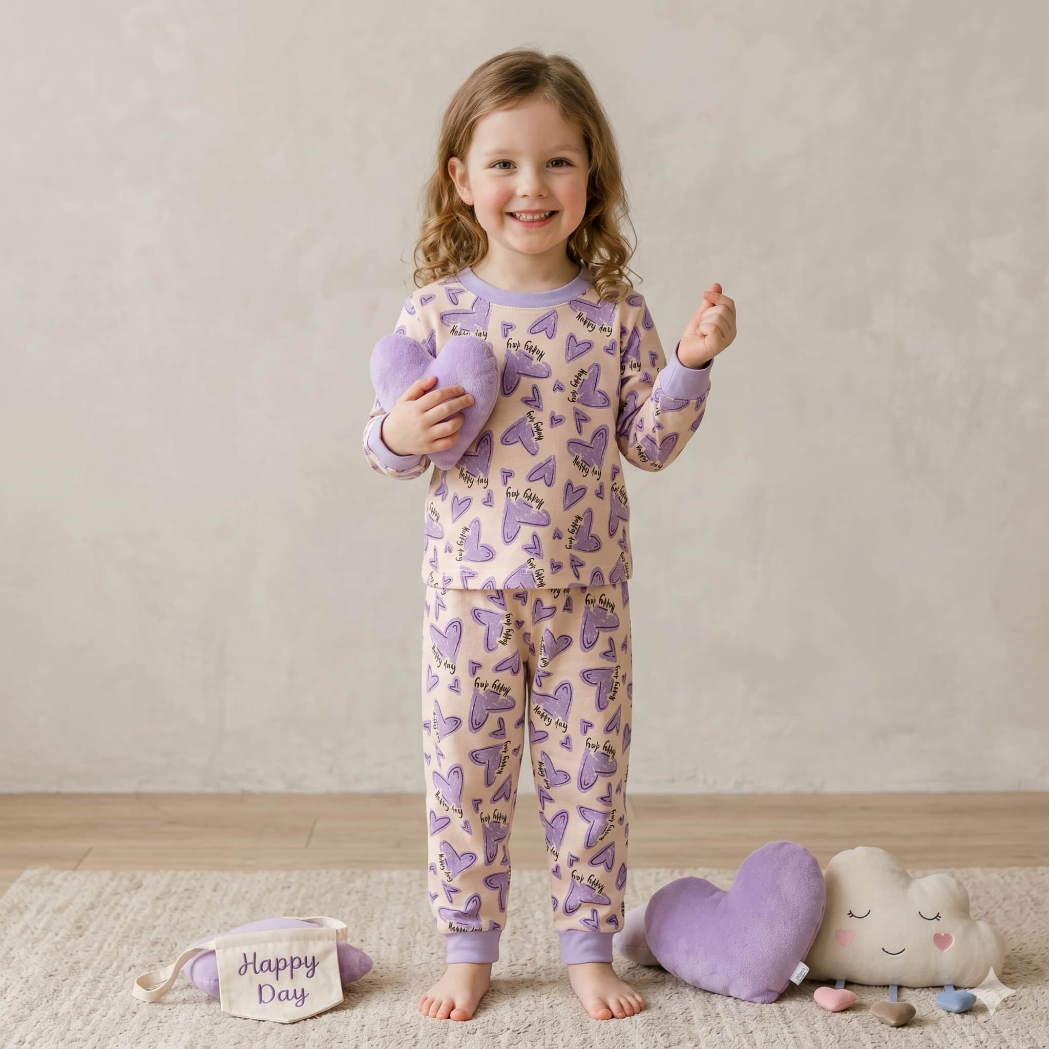 Happy Hearts Girls Full Sleeves Pajama Set - Lavender