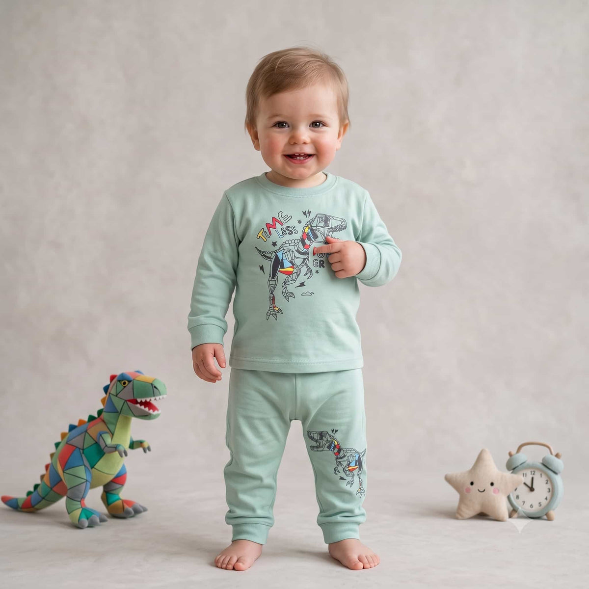 Dinasaur Power Baby Boys Full Sleeves Pajama Set – Mint Green
