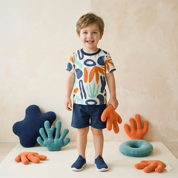 Playful Strokes Boys Half Sleeves Short Set - Cream