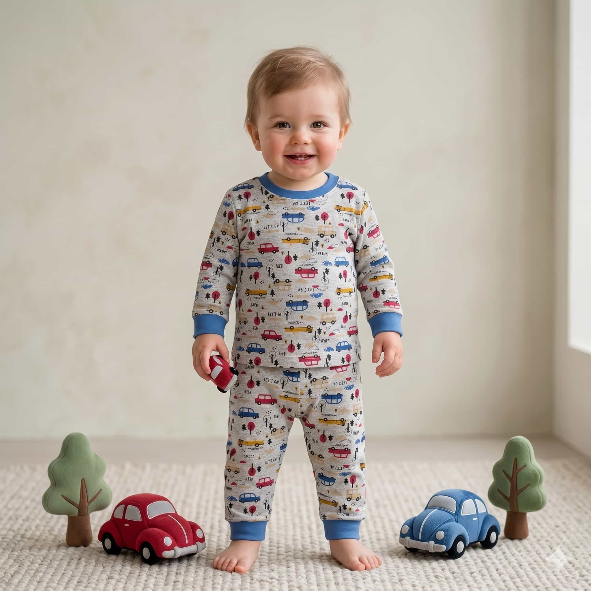 Road Trip Baby Boys Full Sleeves Pajama Set - Grey