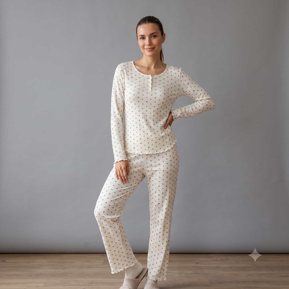 Dainty Bloom Women Full Sleeves Pajama Set – Ivory