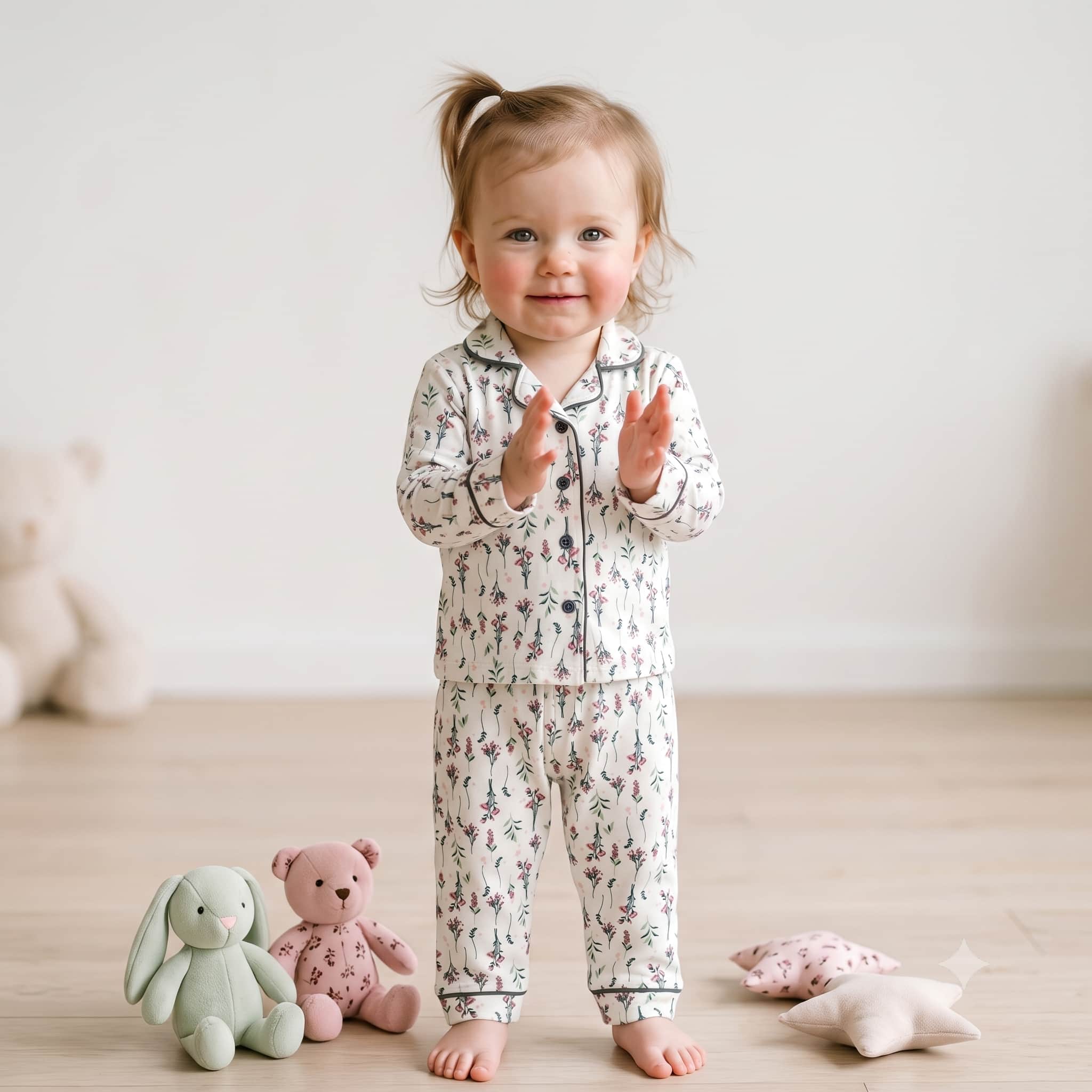 Meadow Bloom Baby Girls Full Sleeves Pajama Set - Off-White