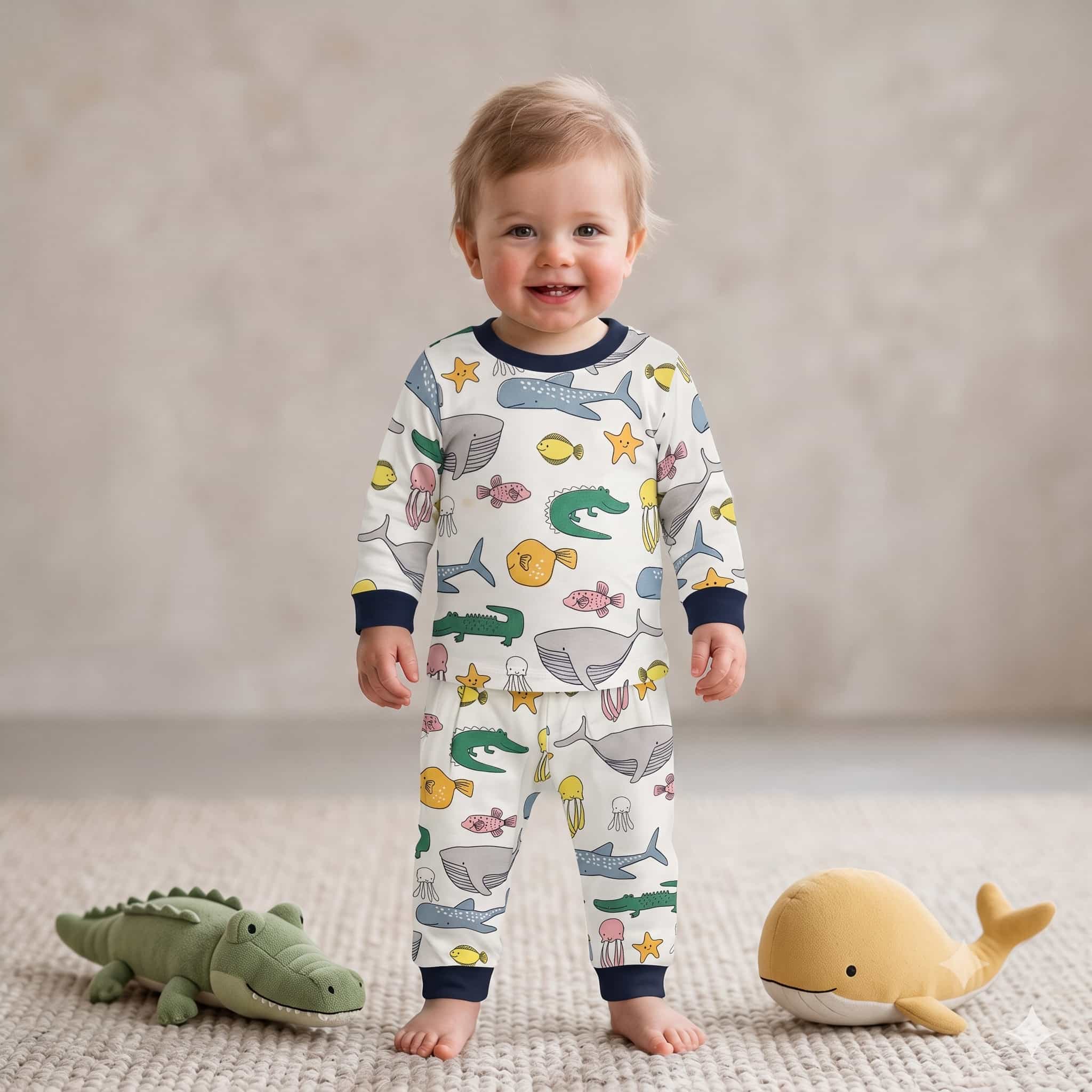 Ocean Fish Baby Boys Full Sleeves Pajama Set – White