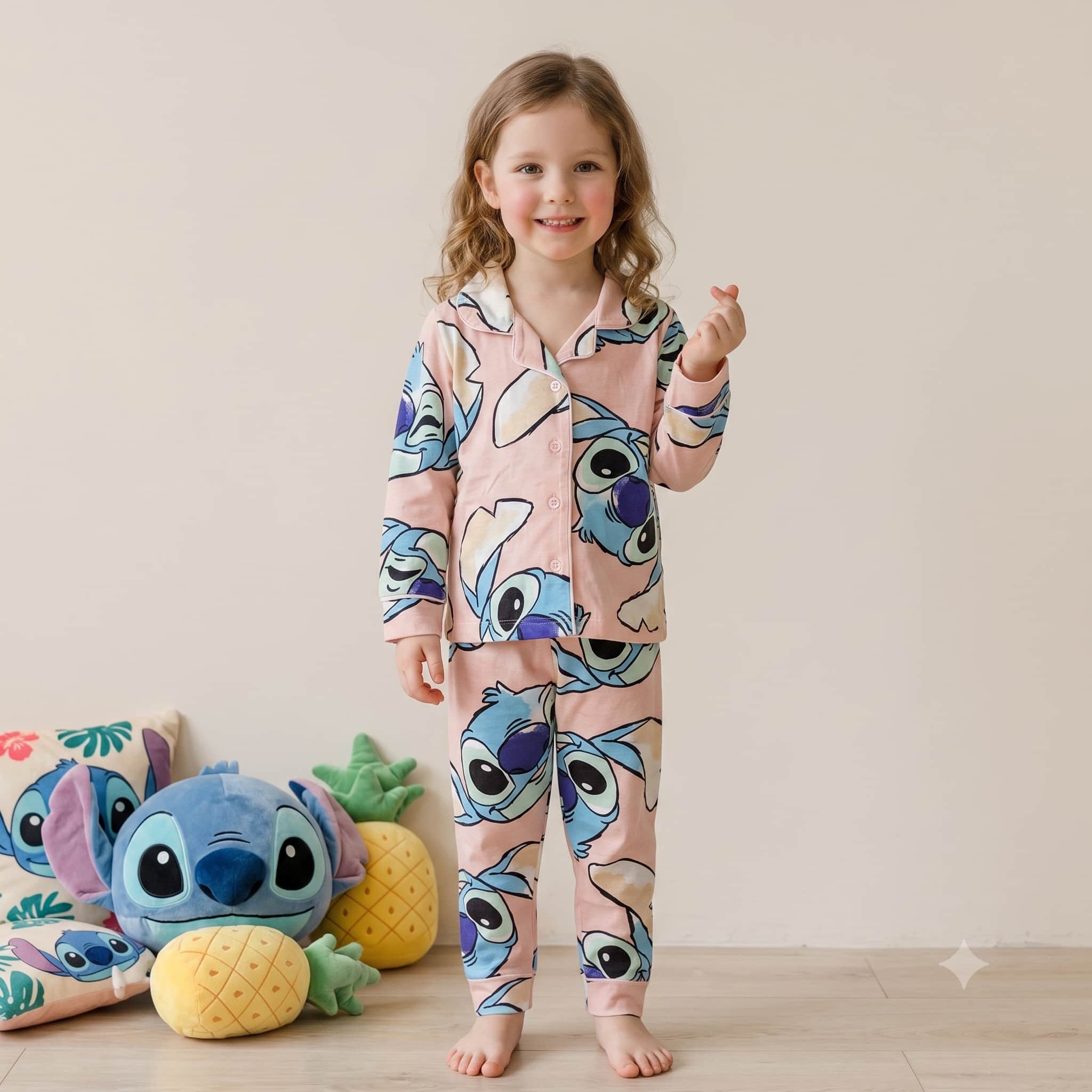 Stitch Girls Full Sleeves Pajama Set – Peach Pink