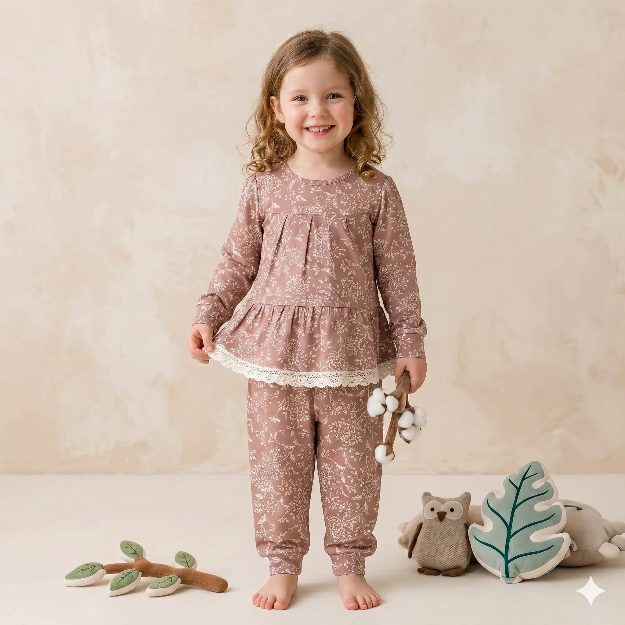 Tree Girls full sleeves laced Pajama Set - Brown