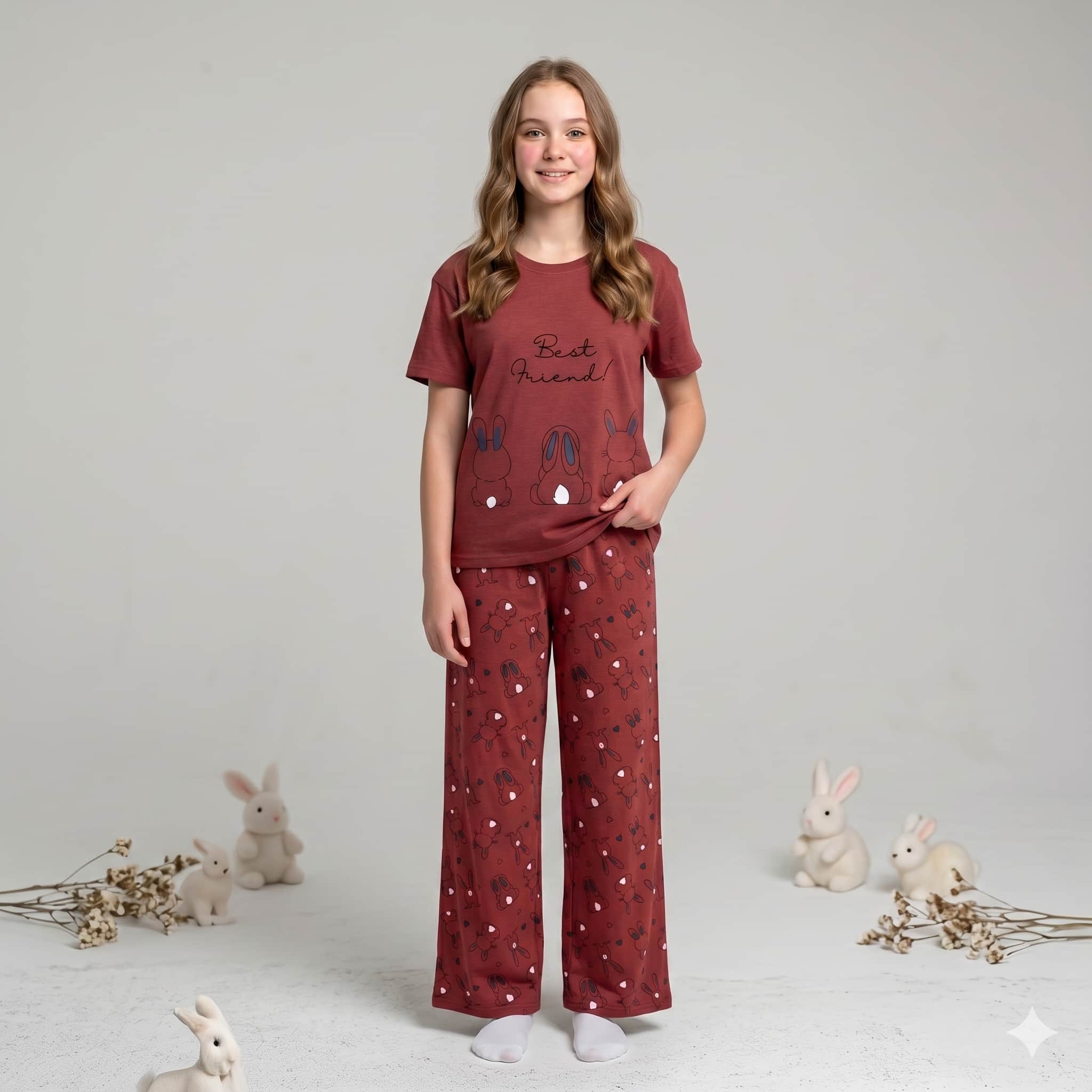 Bunny Buddies Girls Half Sleeves Pajama set - Red