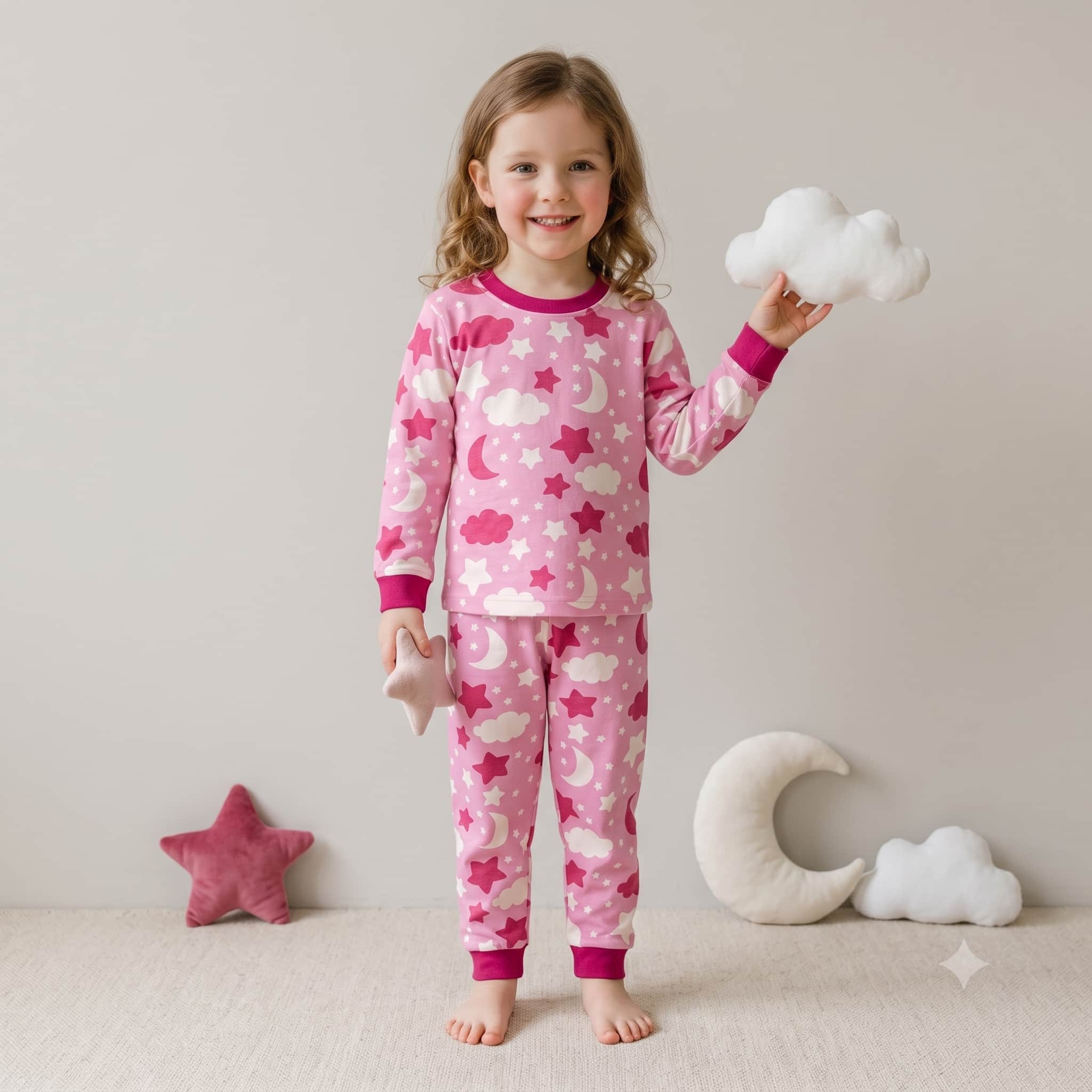 Starry Dreams Girls Full Sleeves Pajama Set - Hot Pink