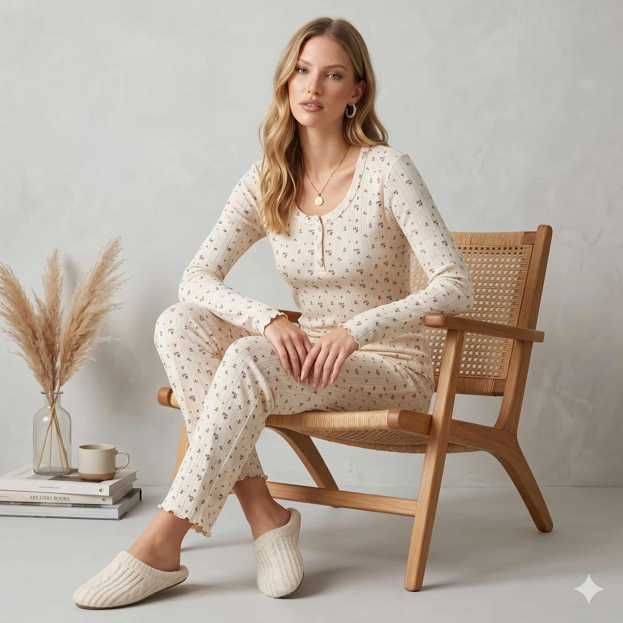Ditsy Dream Women Full Sleeves Pajama Set - Cream