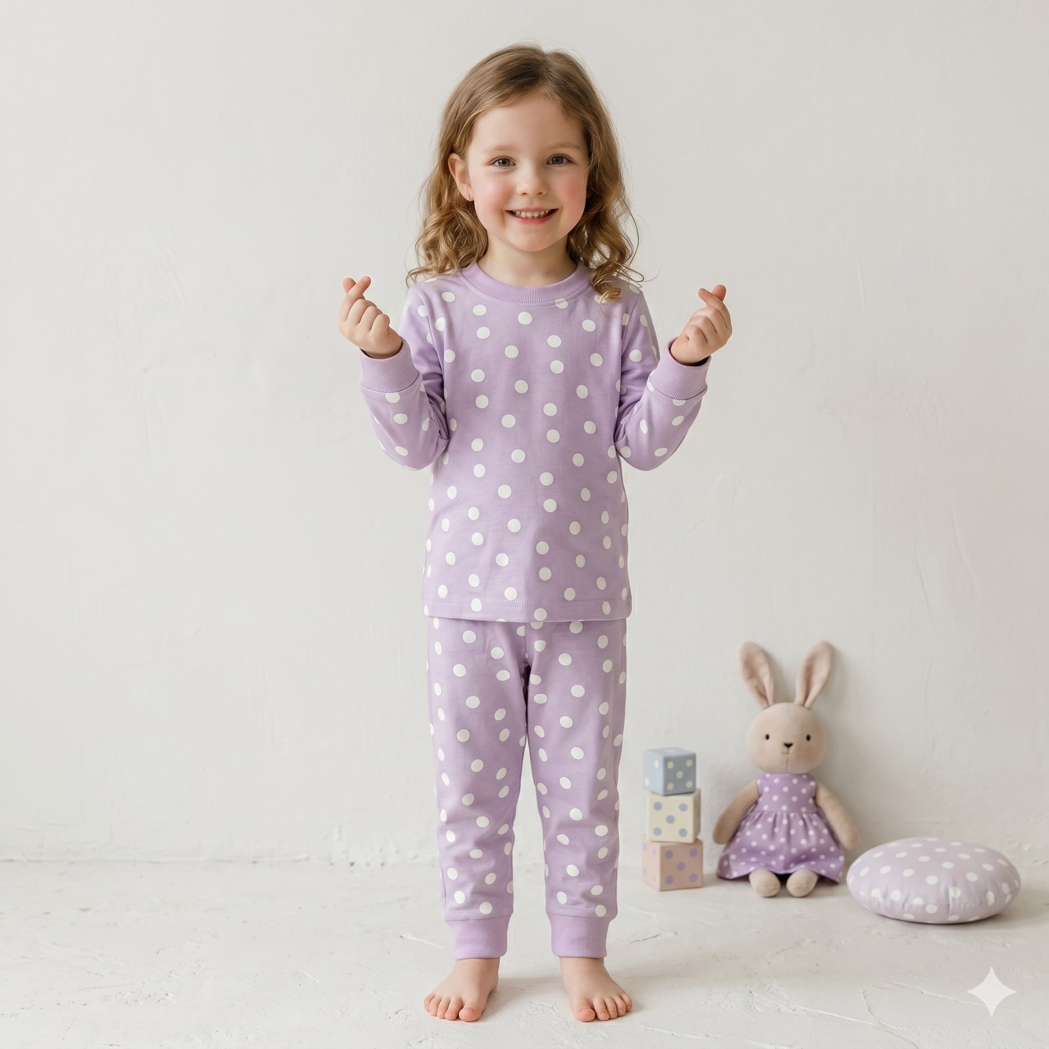 Polka Dots Girls Full Sleeves Pajama Set - Lavender