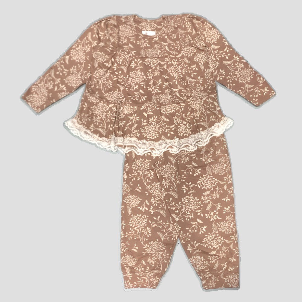 Tree Girls full sleeves laced Pajama Set - Brown