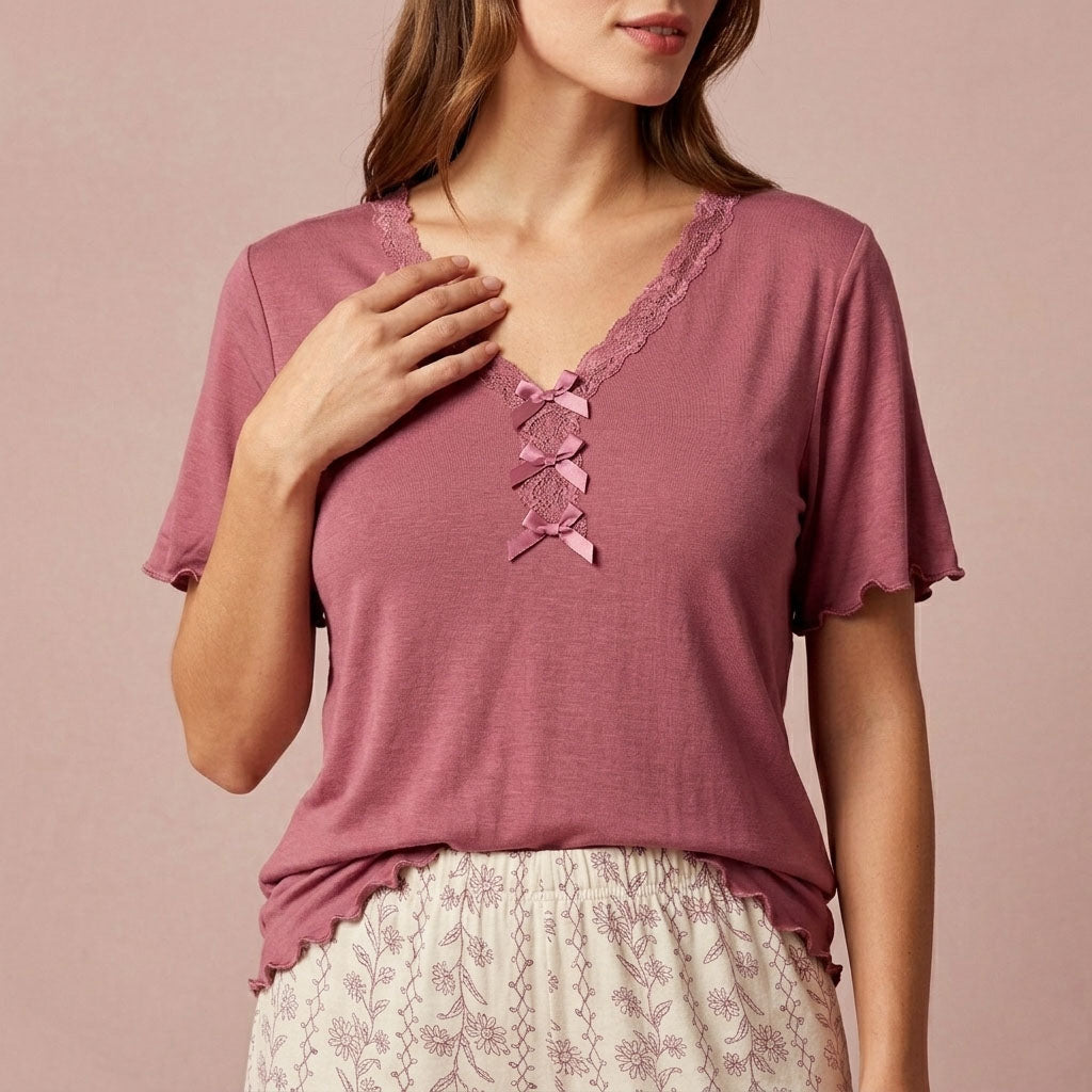 Laced Women Pajama Set – Pink & Cream