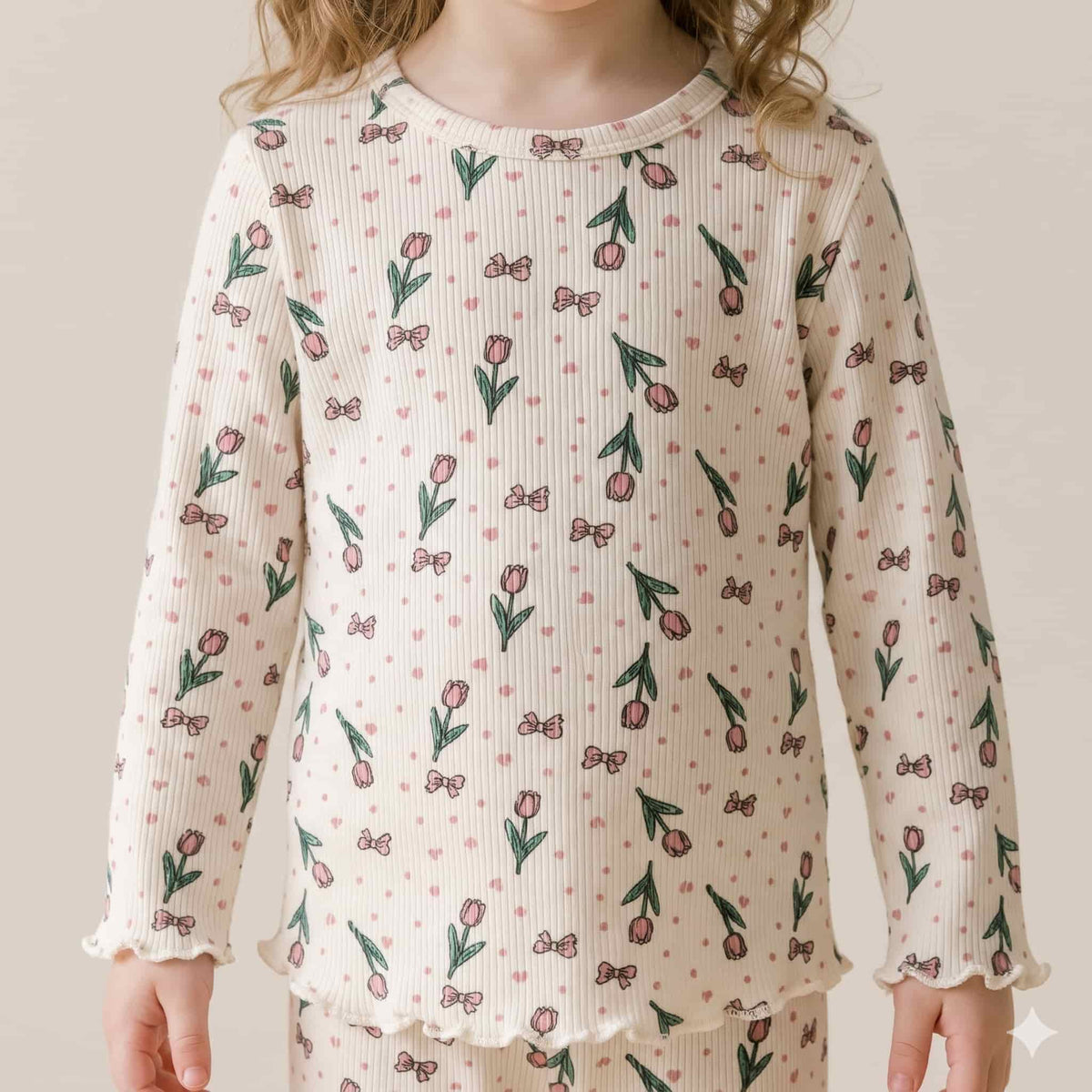 Tulip Kisses Girls Full Sleeves Pajama Set – Ivory Cream