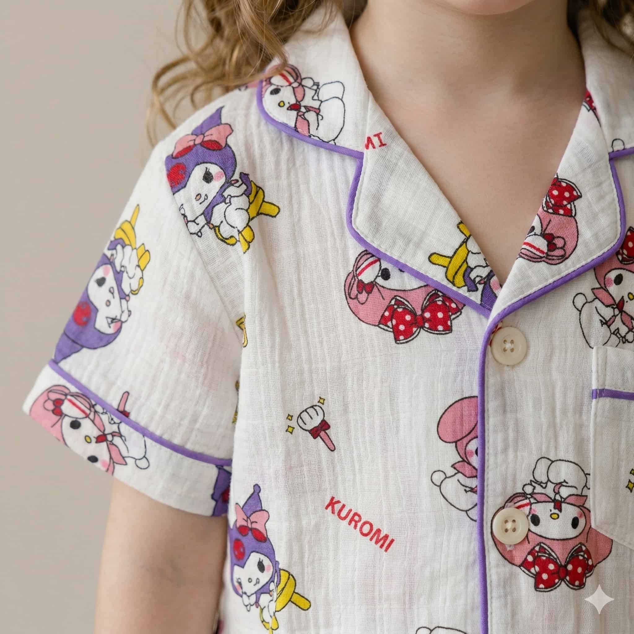 Kuromi Bow Girls Half Sleeves Pajama Set- White