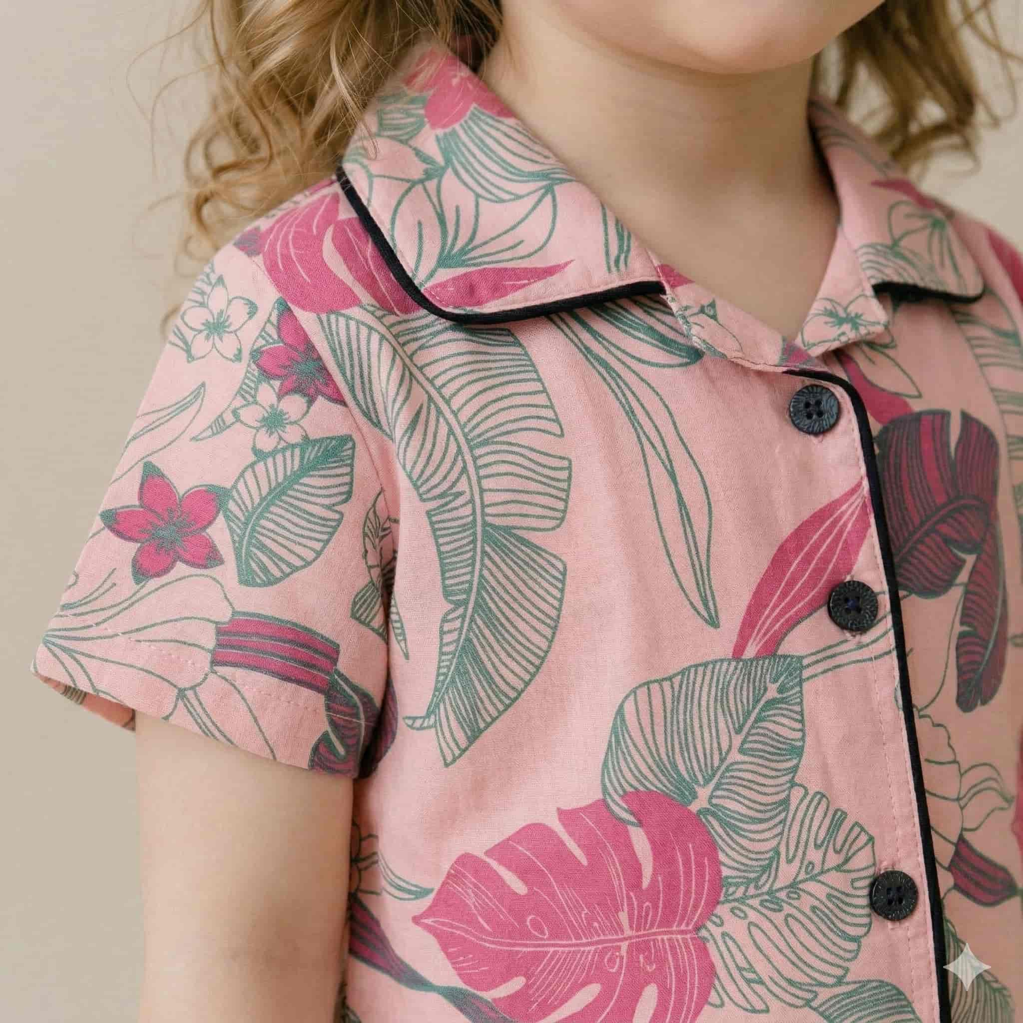Leaf Girls Button Pajama Set - Pink