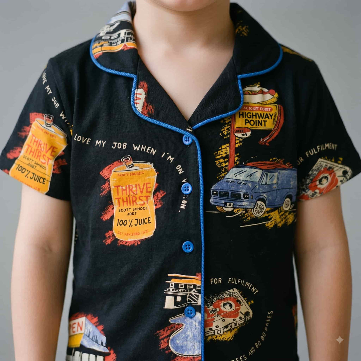 Retro Route Boys Half Sleeves Pajama Set - Black