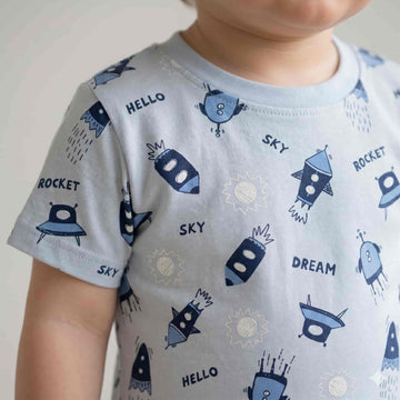Sky Explorer Rocket Half Sleeves Baby Boy Pajama Set - Blue