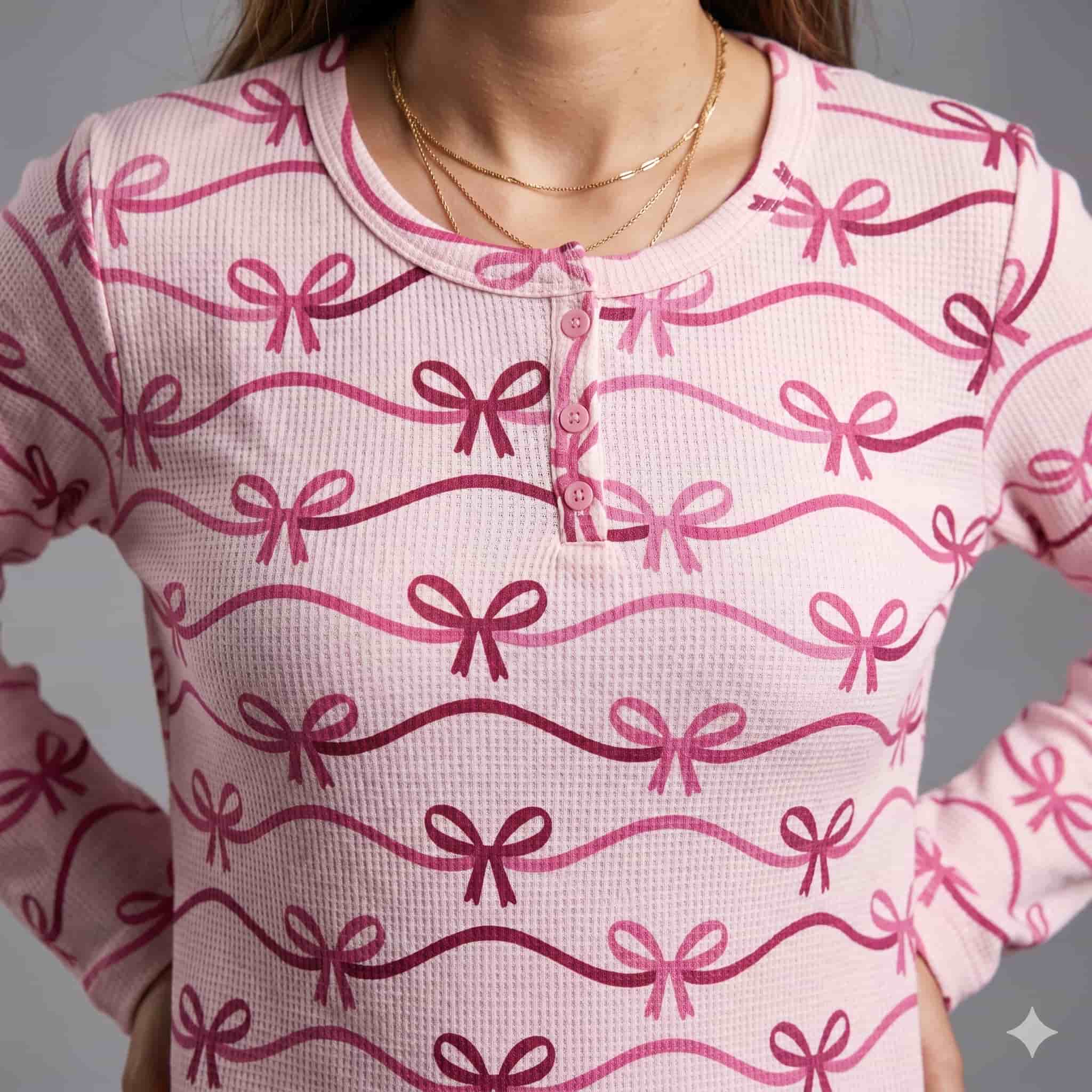 Bow Bliss Women Full Sleeves Pajama Set - Pink