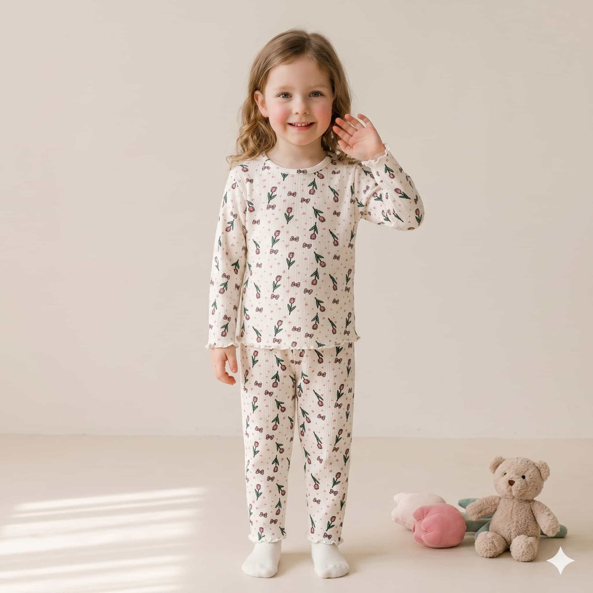 Tulip Kisses Girls Full Sleeves Pajama Set – Ivory Cream