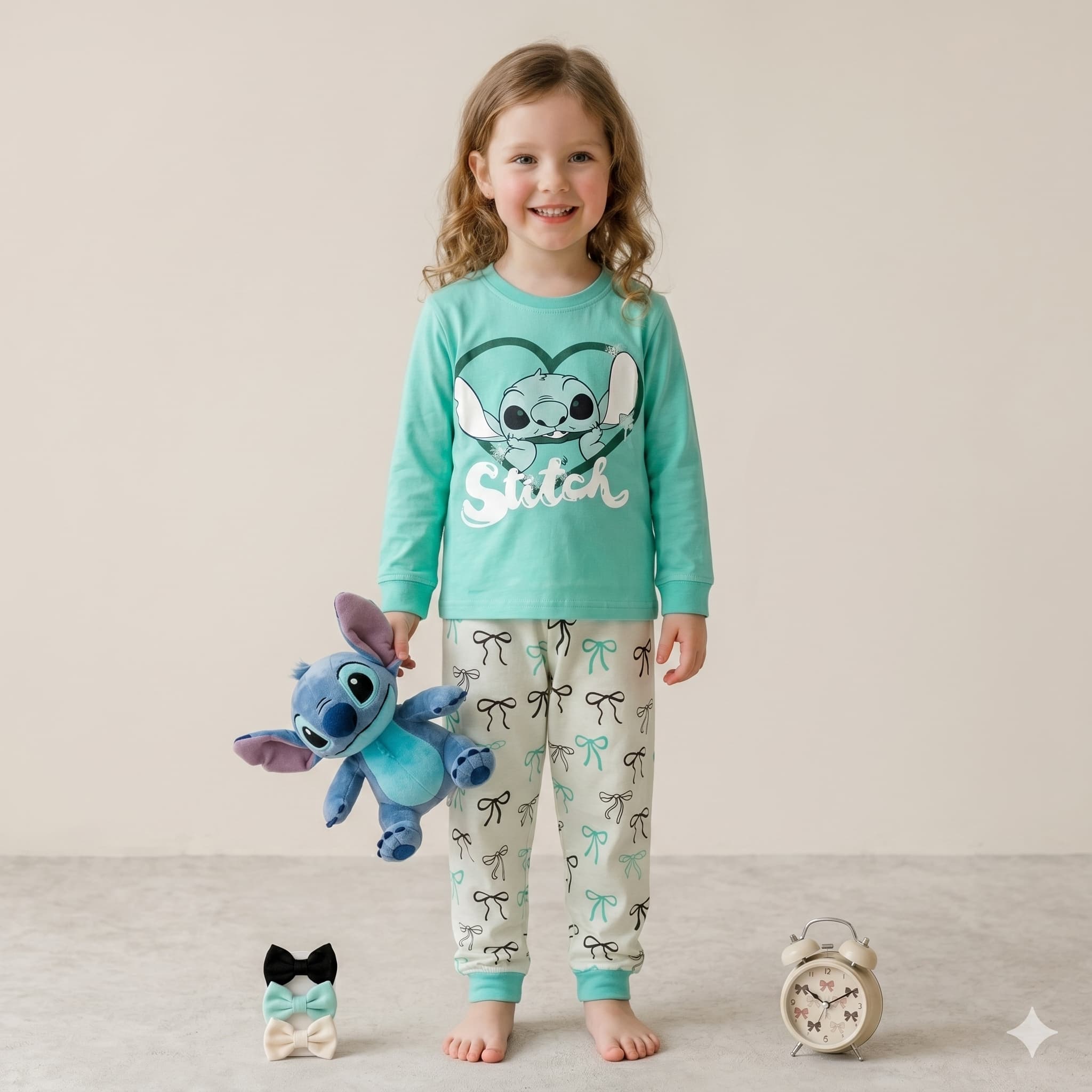 Stitch Snuggles Girls Full Sleeves Pajama Set - Mint Green