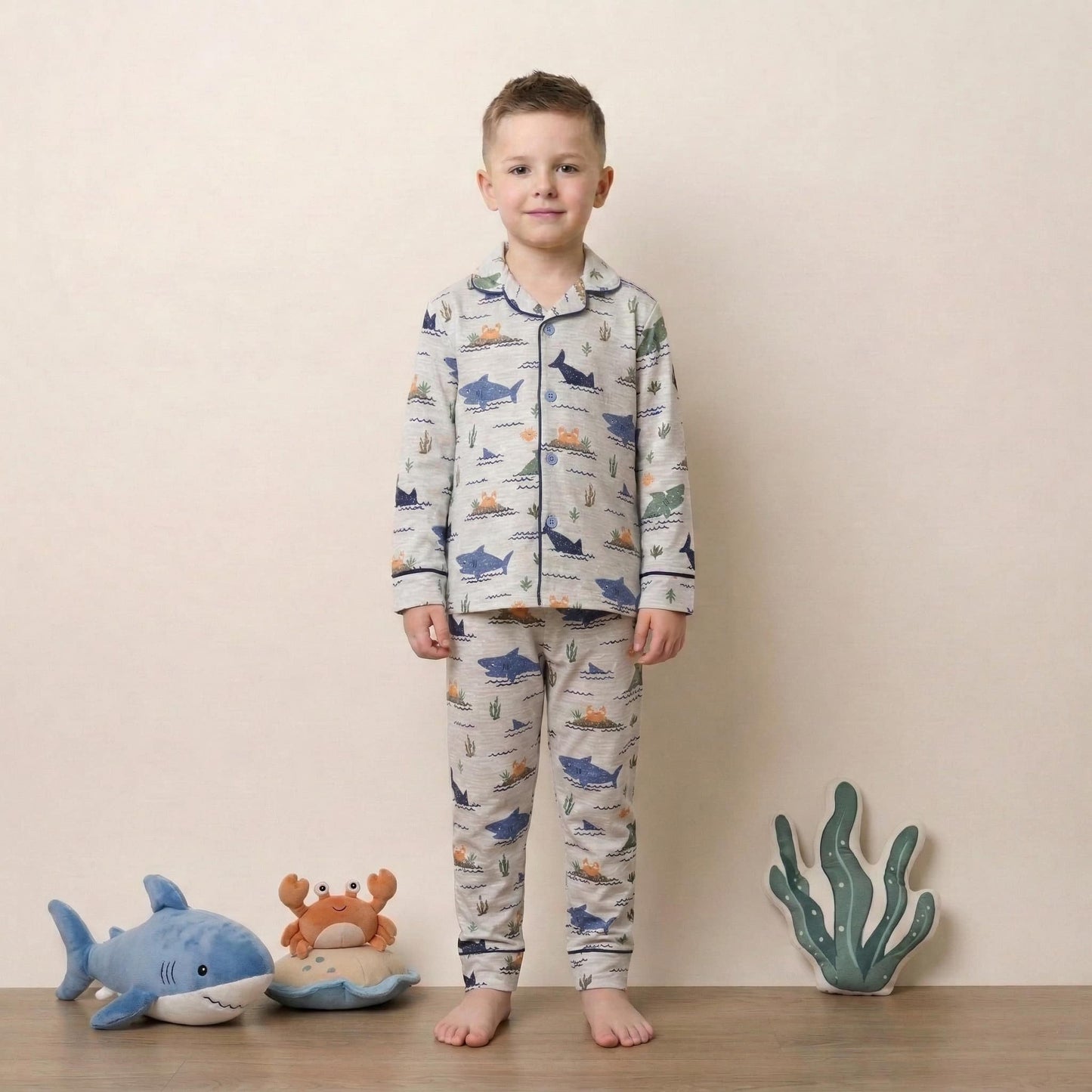 Shark Cove Slumber Boy Button Pajama Set - Grey