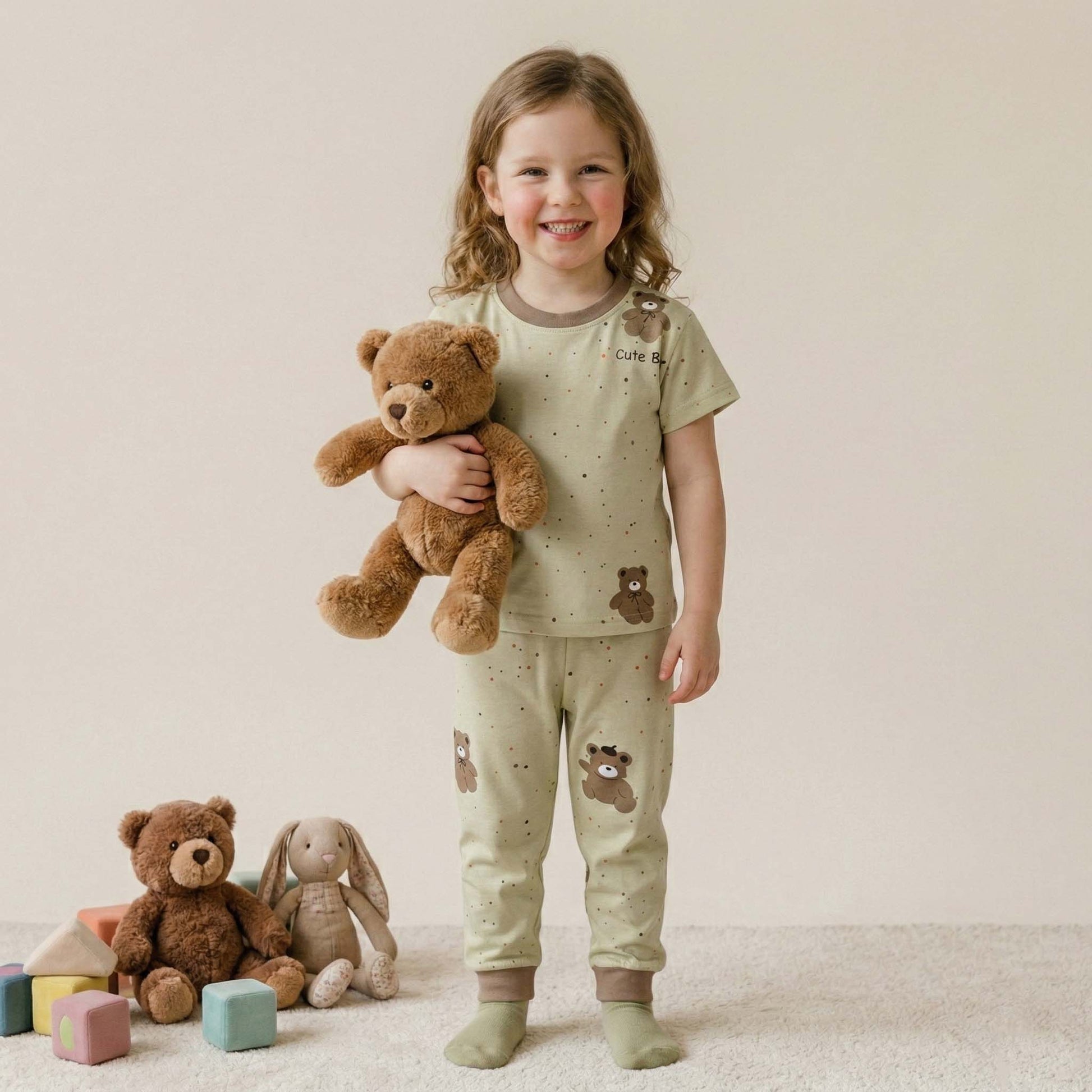 Cute Bear Girls Pajama Set - Light Brown