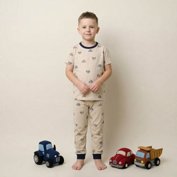 Car & Truck Boys Half Sleeves Pajama Set -  Beige