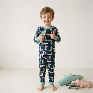 Crocodile Boys Full Sleeves Pajama Set - Navy Blue