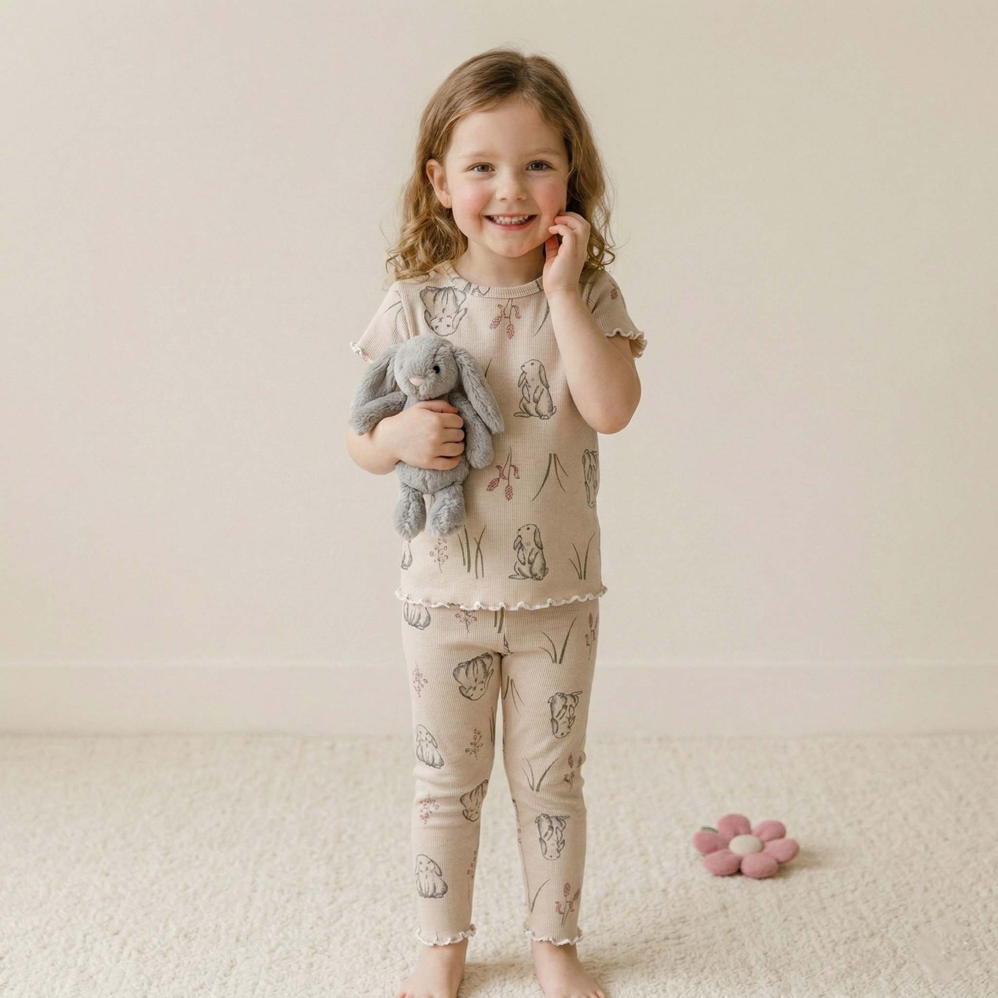 Cute Bunny Girls Short Sleeves Pajama Set - Brown