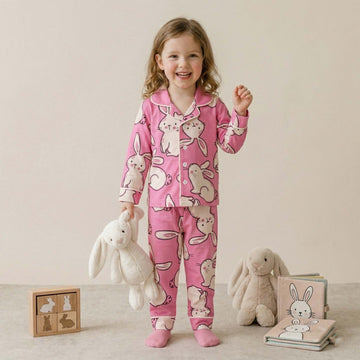 Bunny Girls Button Pajama Set - Pink