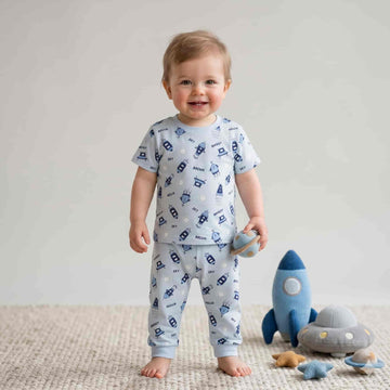 Sky Explorer Rocket Half Sleeves Baby Boy Pajama Set - Blue