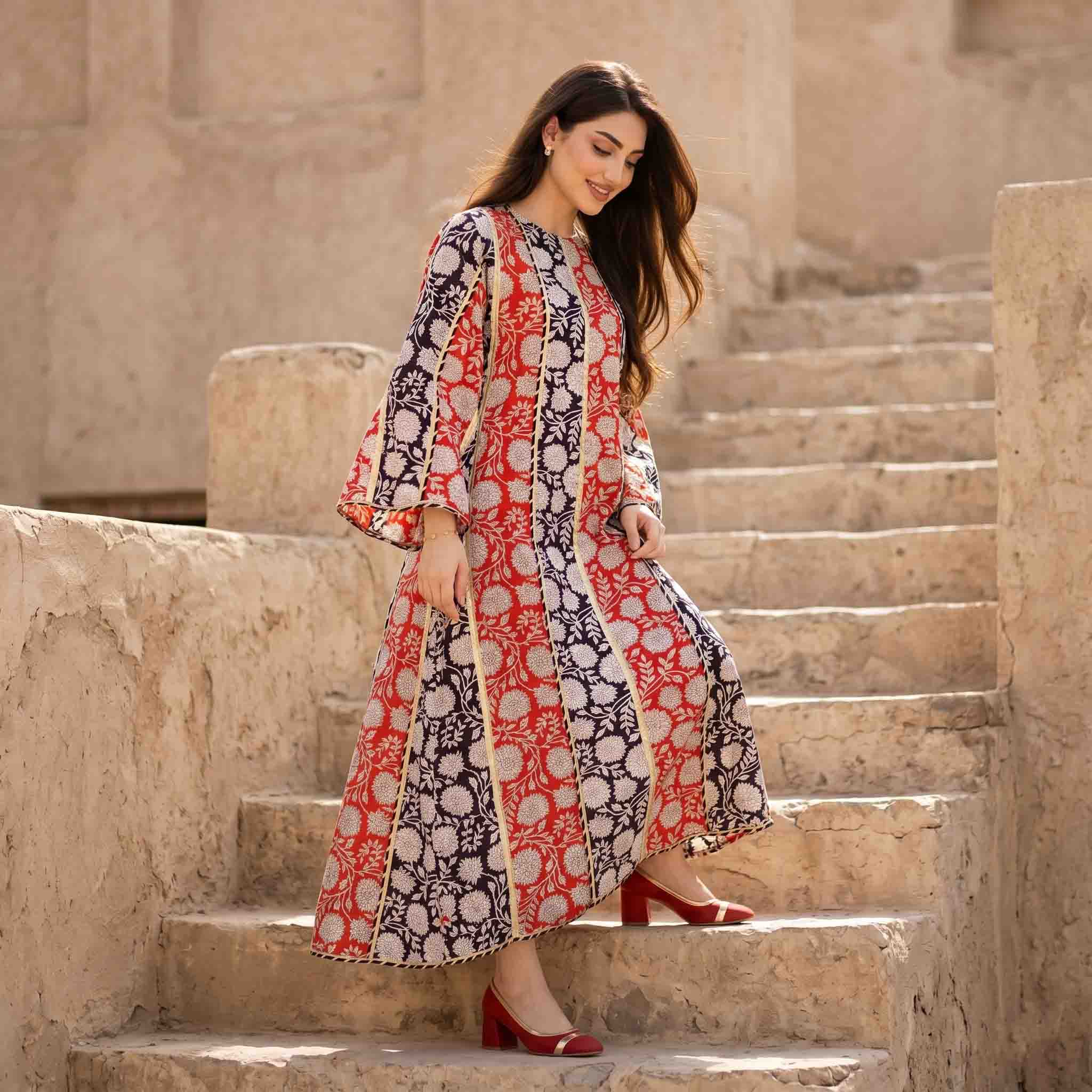 Ethnic Floral Panel Print Women Darra - Red & Black