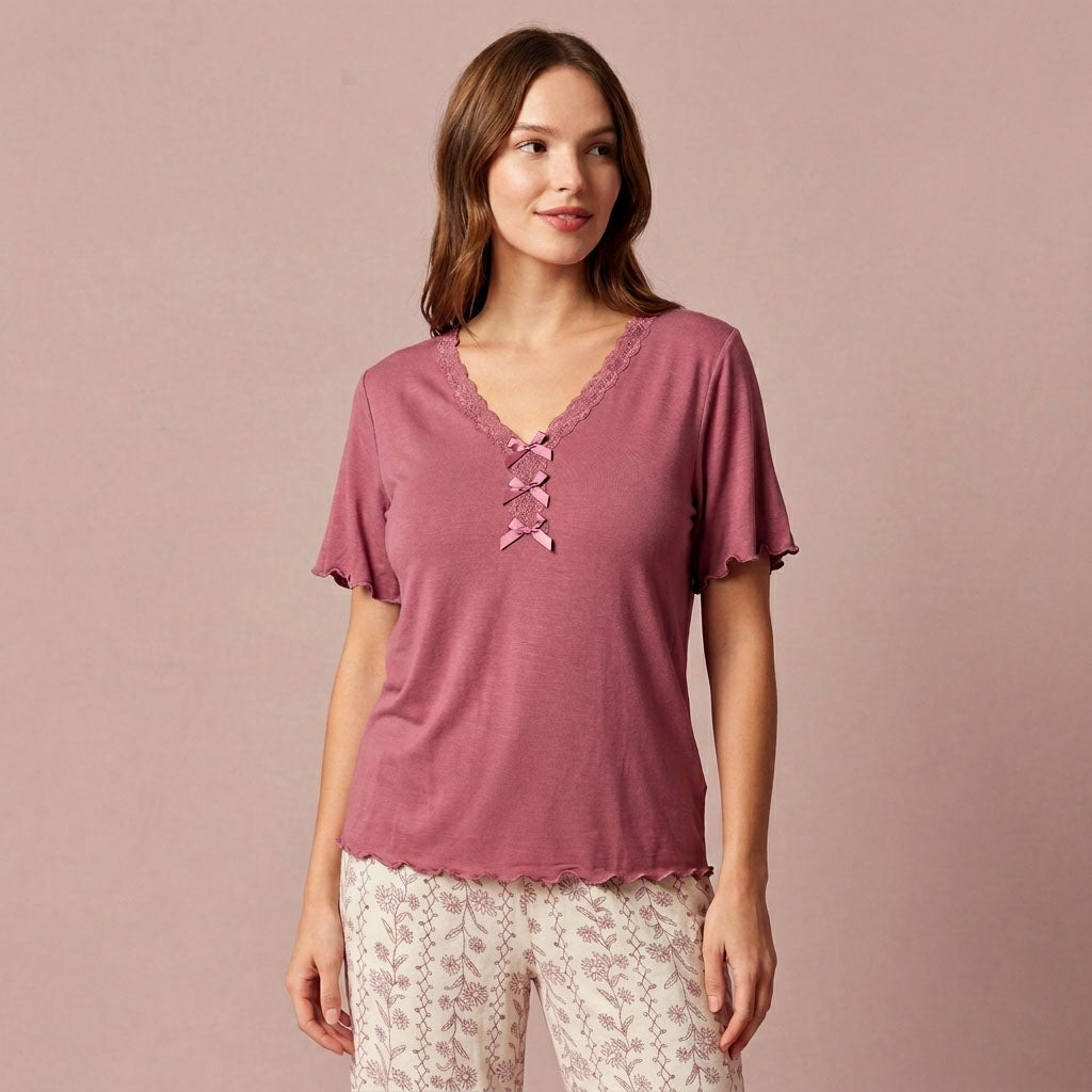 Laced Women Pajama Set – Pink & Cream