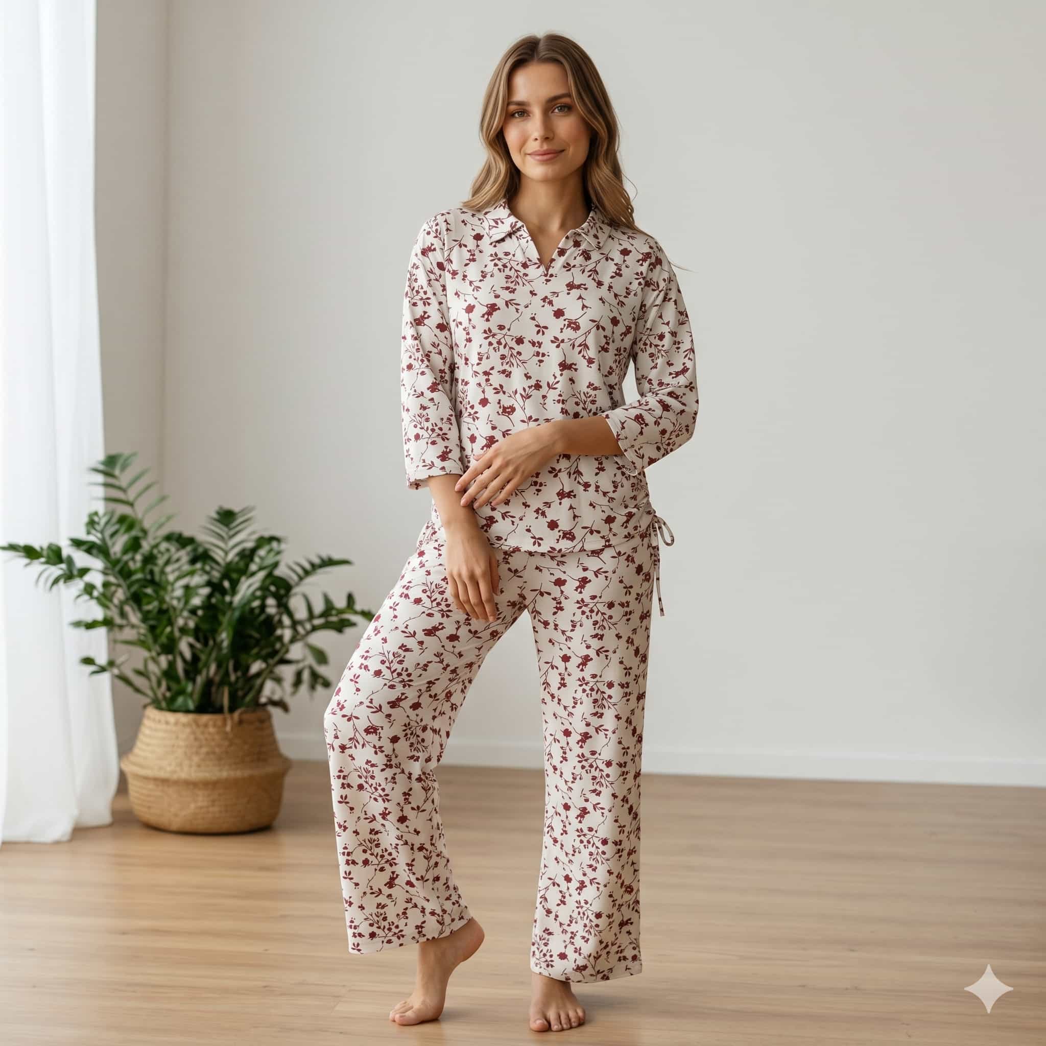Crimson Vine Women Full Sleeves Pajama Set - Maroon & White