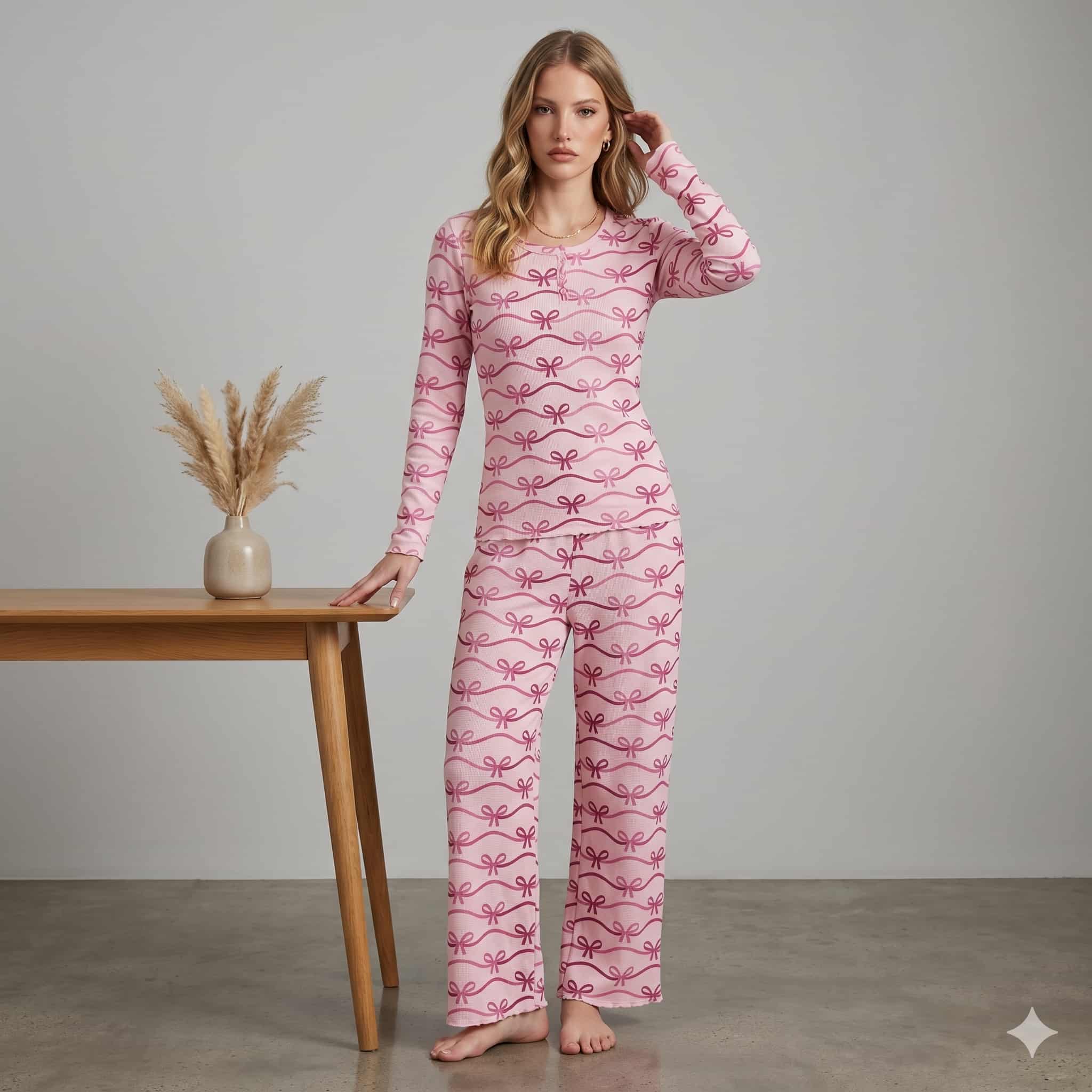 Bow Bliss Women Full Sleeves Pajama Set - Pink