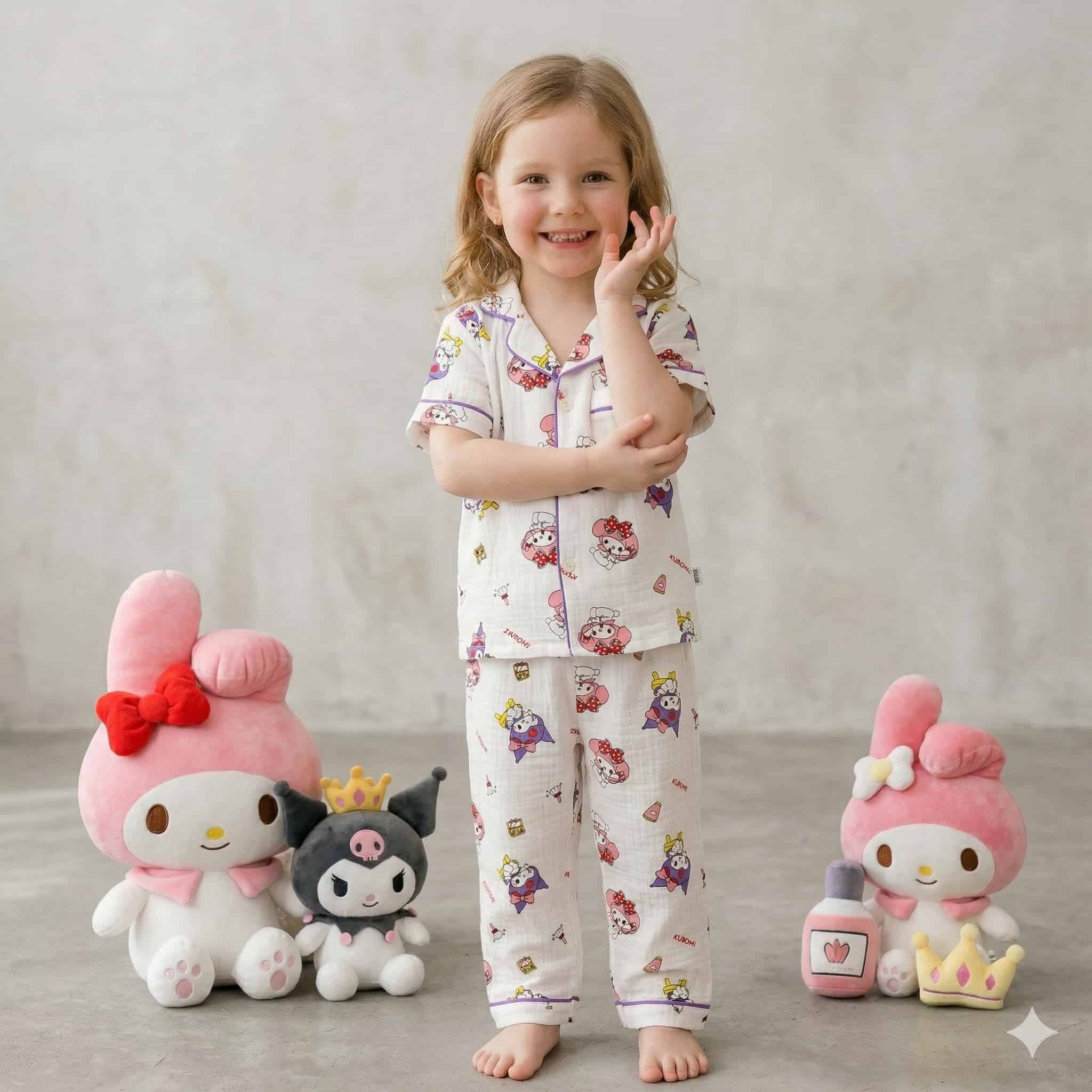 Kuromi Bow Girls Half Sleeves Pajama Set- White