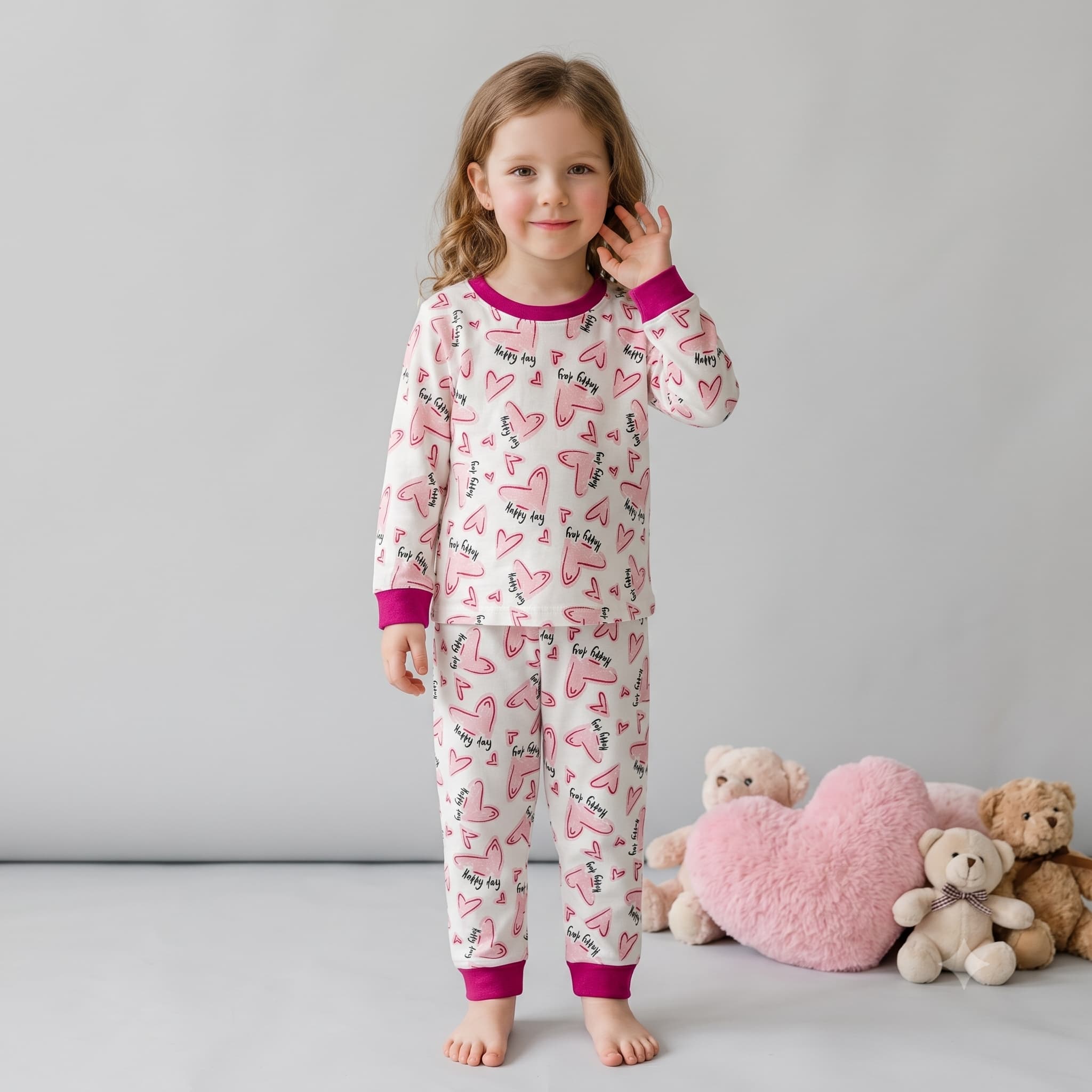 Happy Hearts Girls Full Sleeves Pajama Set - Pink