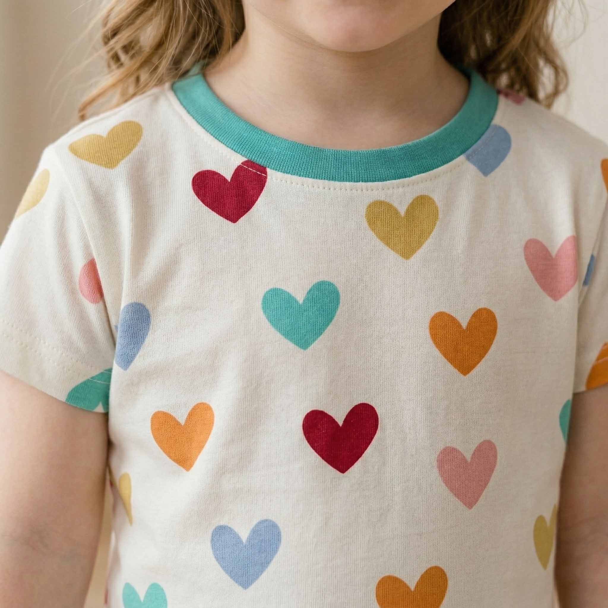 Colorful Hearts Girls Short Sleeves Pajama Set - White