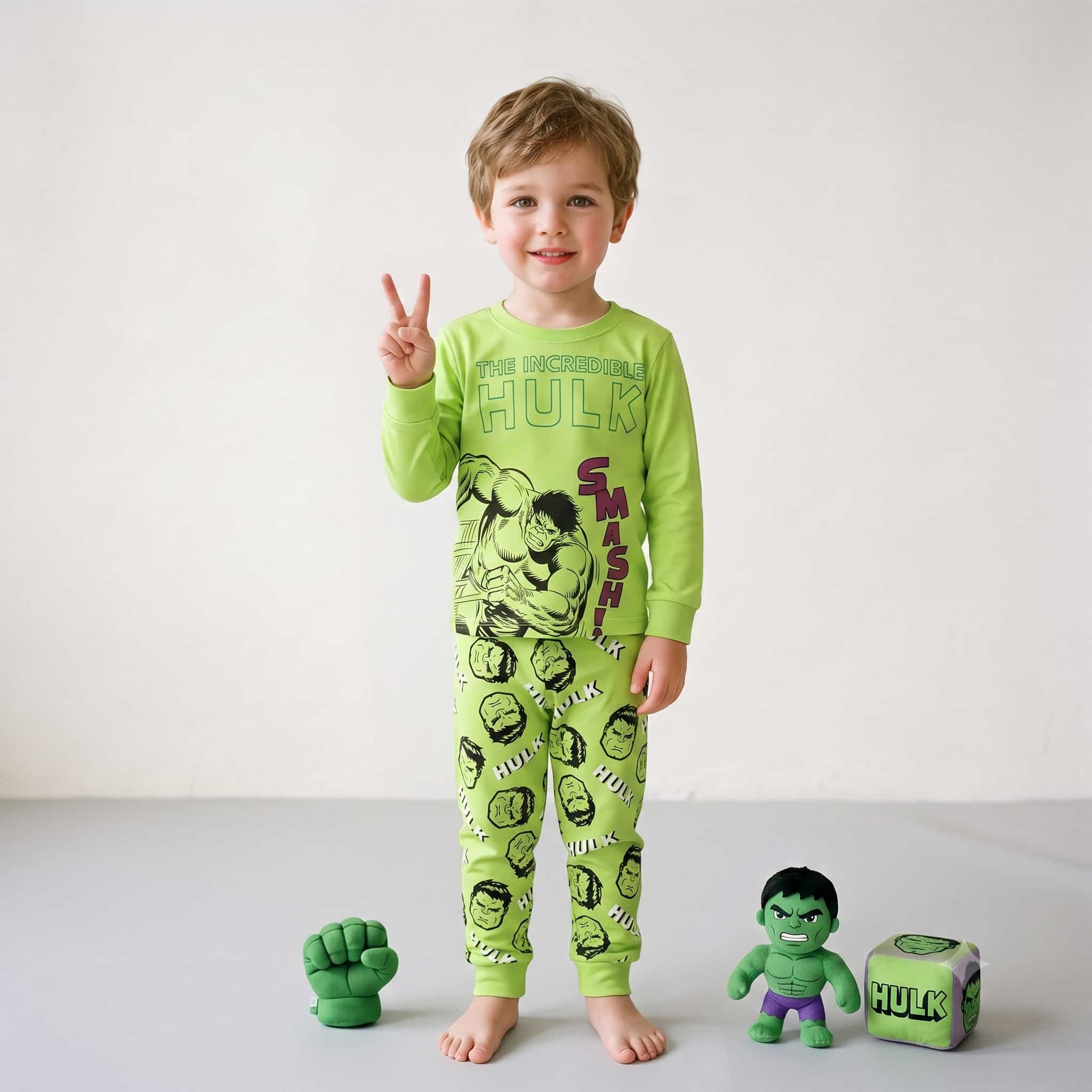 Hulk Boys Full Sleeves Pajama Sets- Lime Green